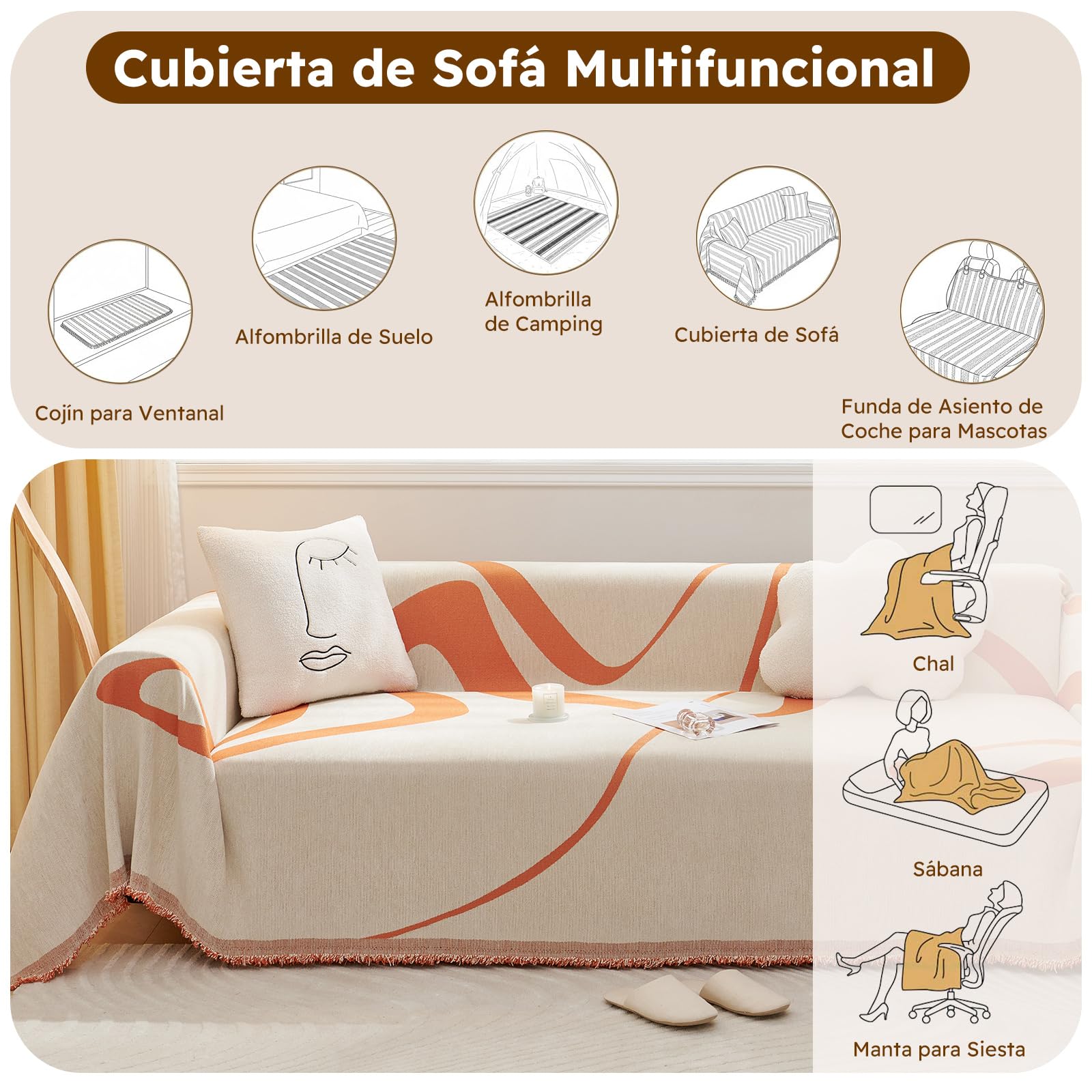 Manta sofá Funda de sofá Decorativo Universal Cuatro Estaciones Borla Tejida Almohadilla sofá Abstracción Geometría Líneas Multifuncional Suave Cómodo Cover Cubre sofá 180 * 340cm Naranja