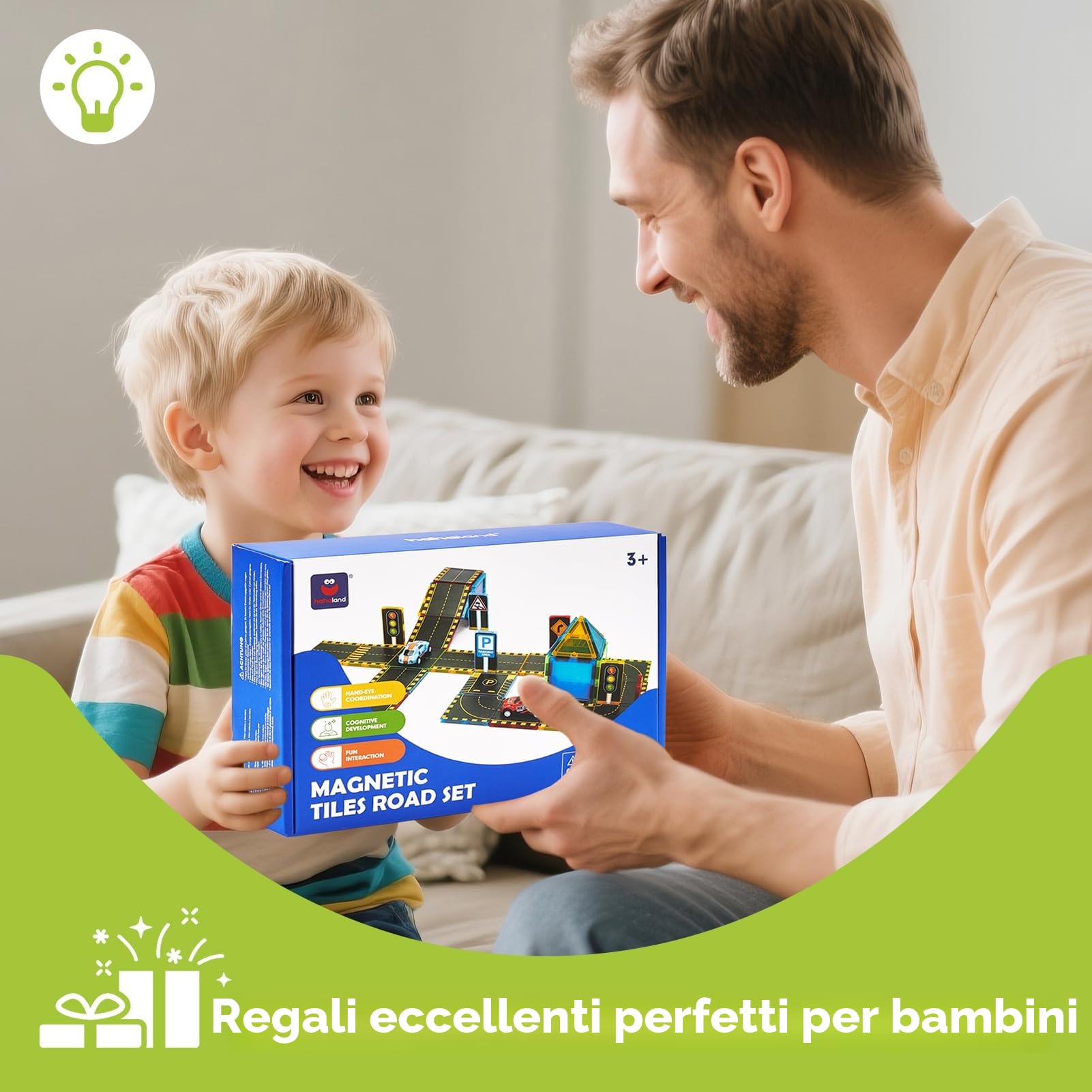 hahaland Costruzione Magnetiche 3-5 anni, Tessere Magnetiche Costruzione Bambino 38 pezzi, Blocchi Magnetici Strada Città con 2 Macchinine, Regalo Bimbo 3 4 5 6 anni