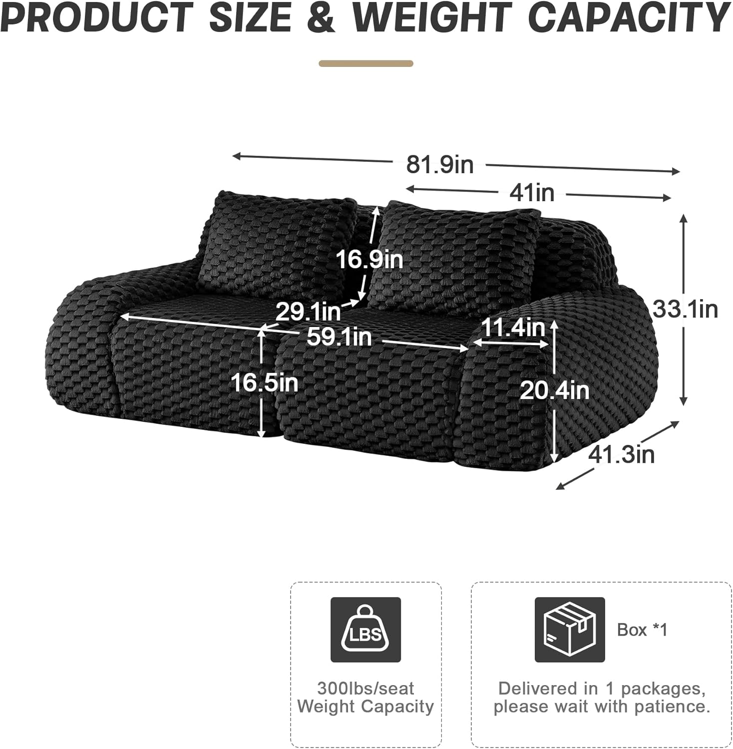 82" Modern Modular Sectional Sofa, Flannelette Fabric Boneless Couch, Oversized Cloud Sofa for Living Room, No Assembly Required (Black, Loveseat)