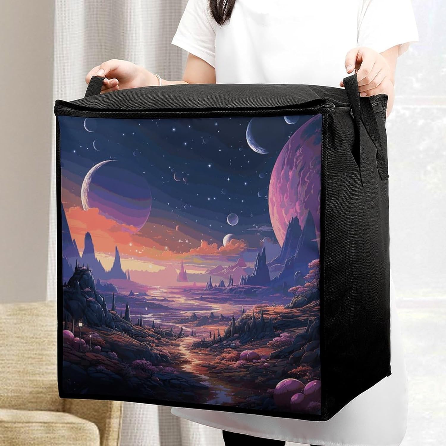Portable Quilt Storage Bag,Colorful Retro Space Theme Printed Foldable Wardrobe Storage Box Foldable Storage Bag with Lids And Handle Large Clothing Storage Bag for Comforters Clothes Blankets Pillows