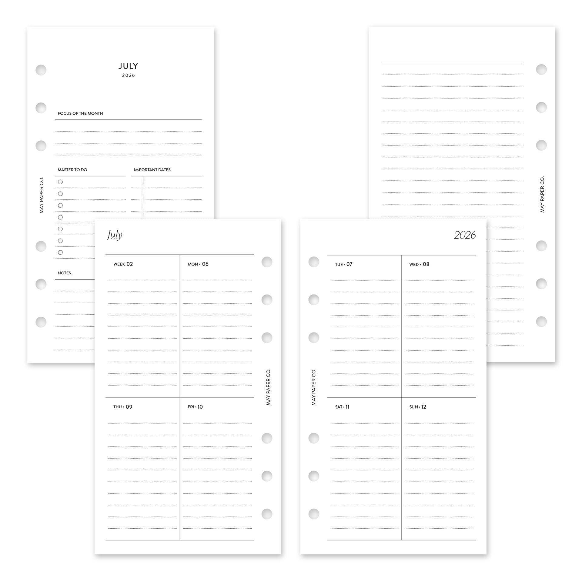MAY PAPER CO. Planificateur hebdomadaire 2026/2027 - Semaine datée sur 2 pages lignées - Format personnel - Juillet 2026 à juin 2027 - Recharge de planificateur