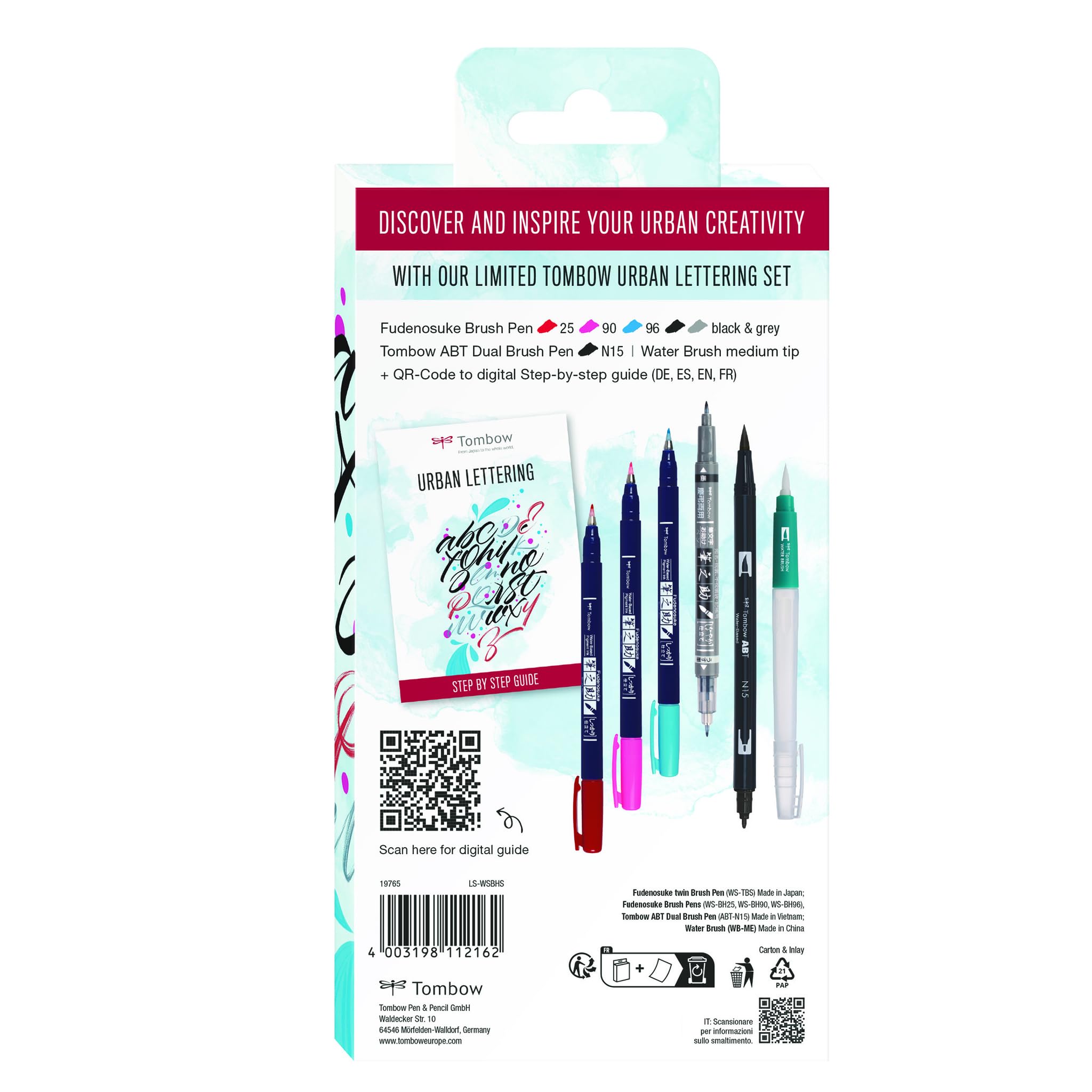 Tombow Urban zestaw do liternictwa, kaligrafii i pisaków ręcznych z pisakami pędzelkowymi Fudenosuke Brush Pen ABT Dual Brush Pen wraz z pędzlem do zbiornika na wodę i instrukcją od Iván Caiña