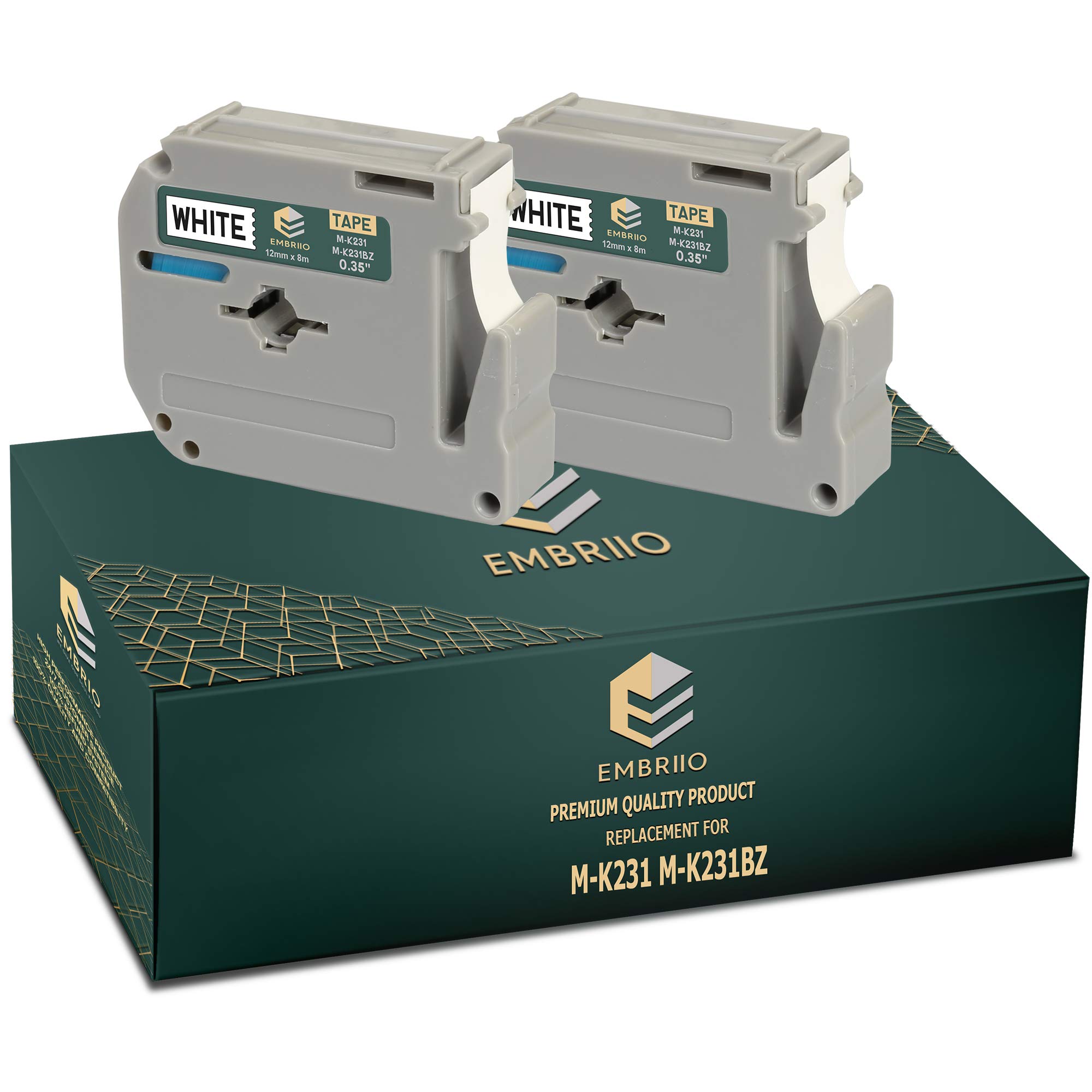 EMBRIIO M-K231 M-K231BZ M-K231SBZ Set of 2 Label Tapes Replacement for Brother P-Touch BB-4 PT-55 PT-65 PT-70 PT-80 PT-85 PT-90 PT-M95 PT-100 PT-110 | Black on White | 12 mm x 8 m