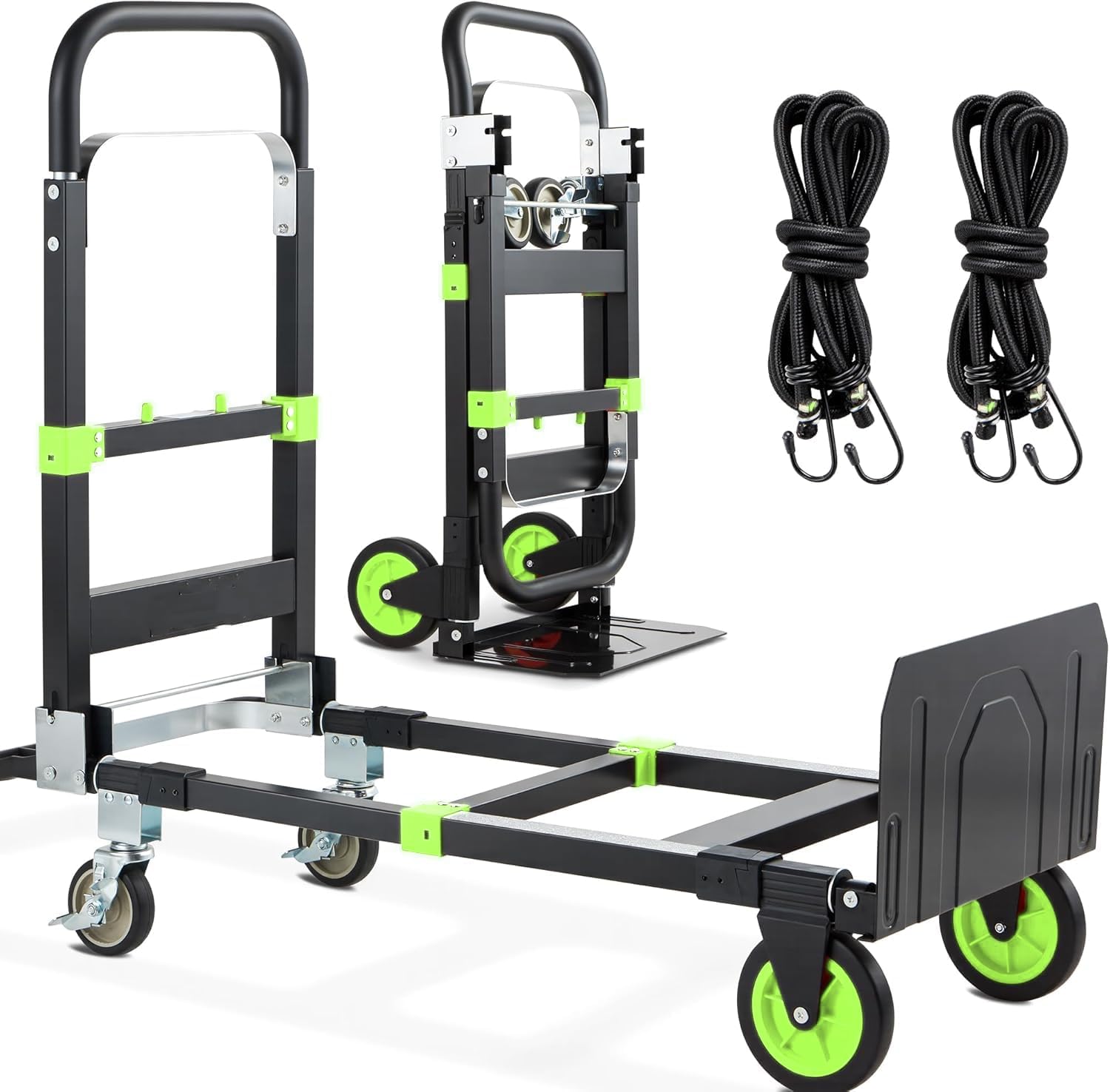 3-in-1 Folding Hand Trucks, 600Lbs Convertible Hand Truck Dolly, Heavy Duty Convertible Dolly with Retractable Handle and 4 Rubber Wheels, Collapsible Cart for Moving Office/Home/Warehous(Green)