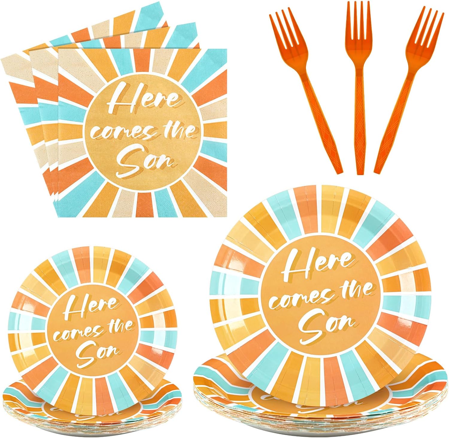 Sunnyray 96 Pieces Baby Shower Plates and Napkins Party Decorations Supplies Baby Shower Party Dessert Plates Napkins Forks for 24 Guests(Boho)