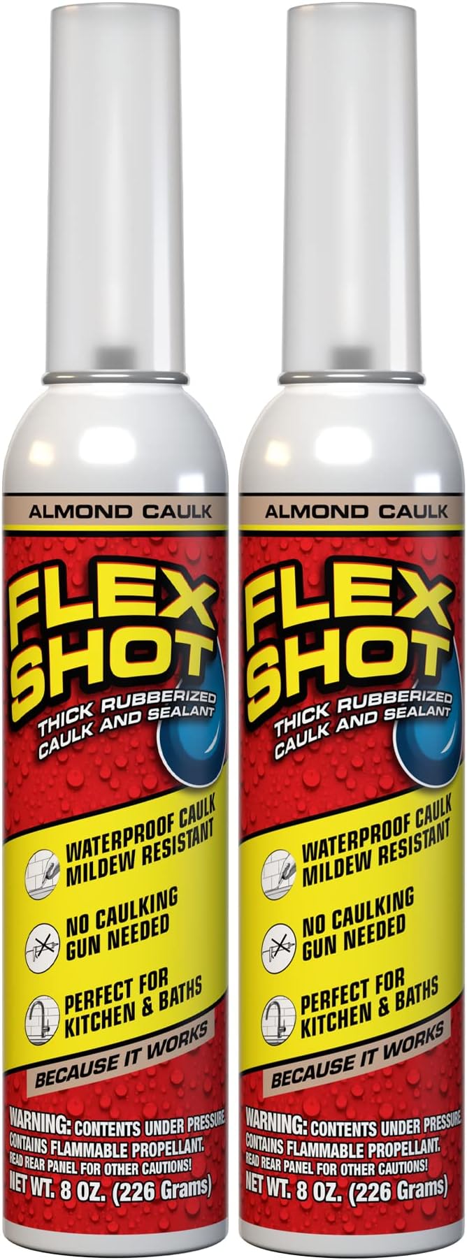Flex Shot, Flexible Rubber Silicone Sealant, Waterproof Caulk, UV Resistant, No Caulk Gun Needed, Perfect for Kitchen, Bath, Showers, Sinks, Baseboards, Almond, 8oz, 2-Pack