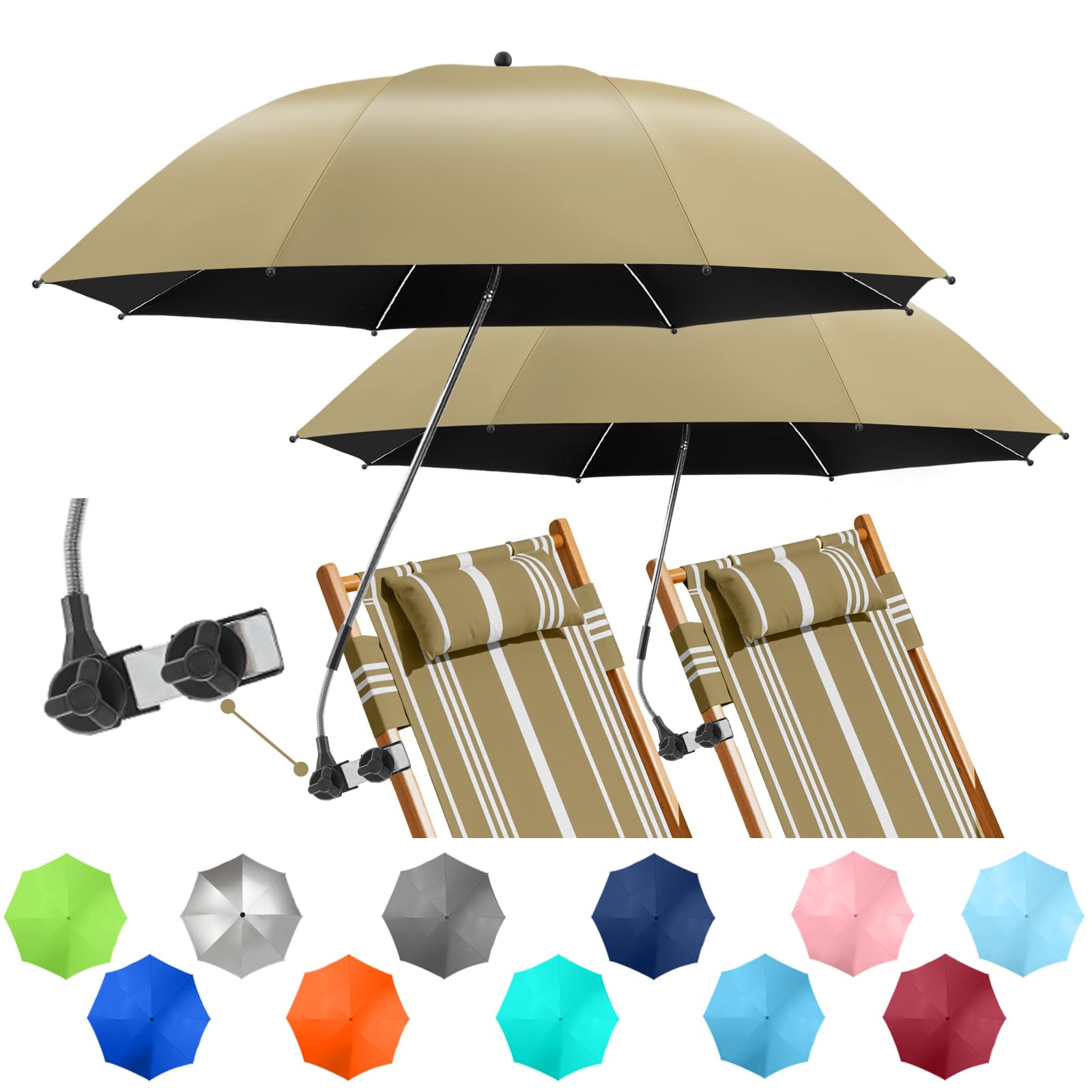 NBtoUS 2 PACK Chair Umbrella with Clamp, 360 ° Adjustable Umbrella for Chair, UPF50+ for Beach, Patio, Camping, Golf Carts（Khaki, Chair Not Included — image 1
