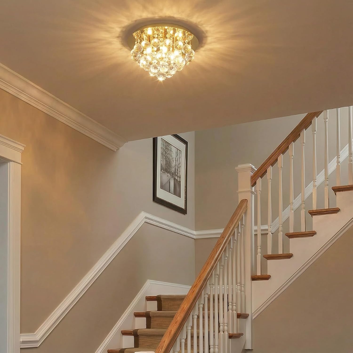 13.8" Mini Crystal Flush Mount Chandelier Gold Finish, Luxury Bedroom and Closet Ceiling Light, Small Chandelier for Bedroom Closet, Mini Chandelier, Hardwired, 4-Light G9 Bulbs Not Included