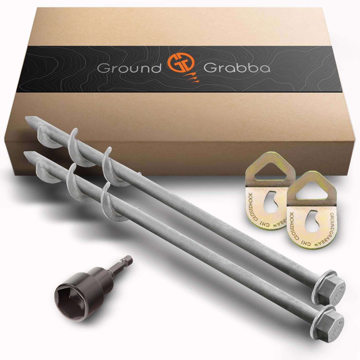 GROUNDGRABBA Screw in Tent Stake for Normal to Hard Ground | Premium Drill Driven Ground Anchor Earth Screws | 2X Stakes (1 Foot), 2X Closed Hooks, 1X 5/8" Hex Socket Driver