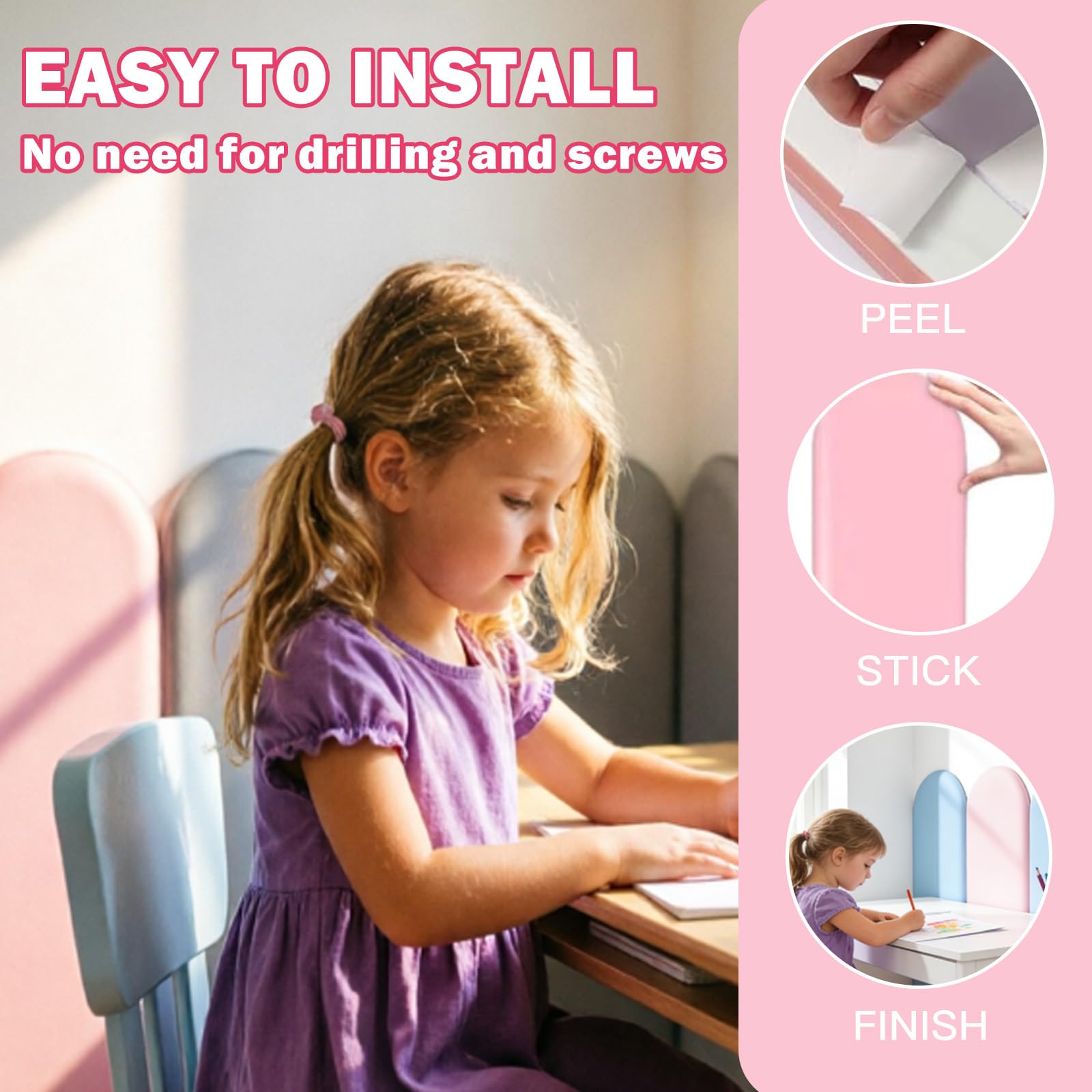 4 pezzi di pannelli murali 3D, imbottitura murale autoadesiva PU impermeabile per camera dei bambini, pannello murale imbottito con adesivo, testiera anti-collisione per letto (rosa)