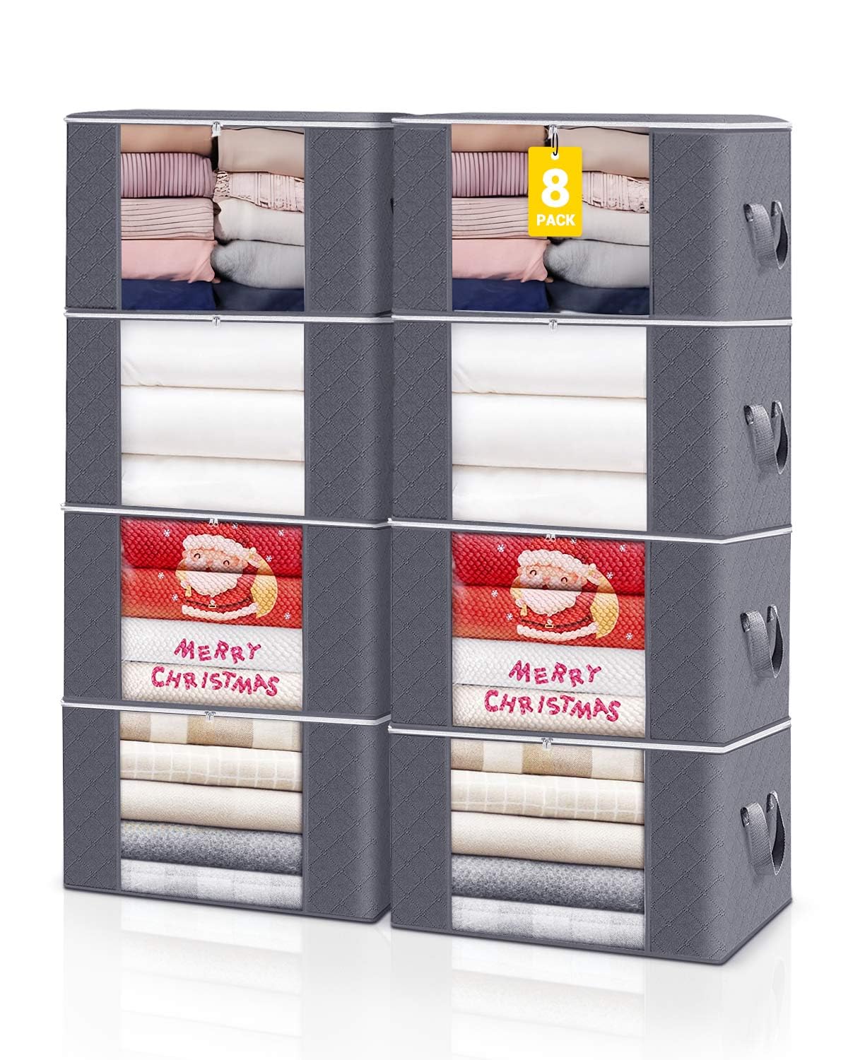 KALAHOL 90L Large Capacity Clothes Storage Bags with Zips, Storage Boxes with Lids, Reinforced Handle, Foldable, Thick Fabric, for Comforters, Clothes, Blankets, Bedding, 8 Pack, Dark Grey