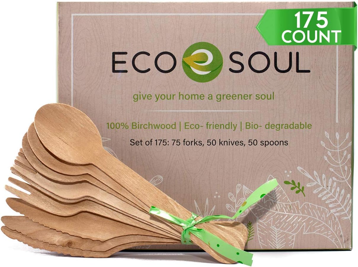 ECO SOUL Biodegradable Cutlery | Bamboo Silverware Utensils Flatware | Bamboo Cutlery Set | Set of Forks, Spoons, Knives | Eco-Friendly, Compostable & Disposable Wooden Cutlery | Party & Home Use