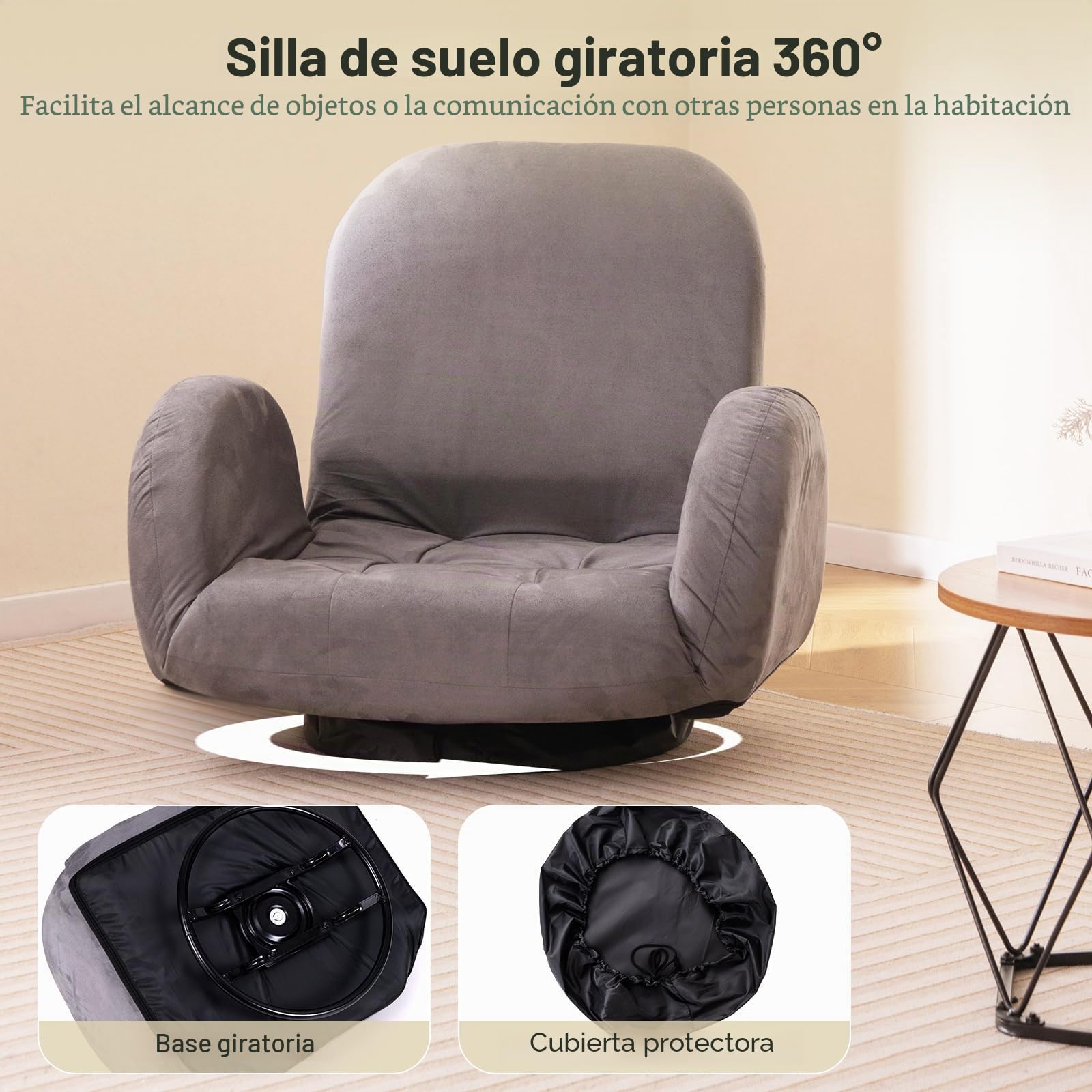 RELAX4LIFE Silla de Suelo Plegable, Silla de Suelo con Respaldo y Reposabrazos Ajustables, Sofá Plegable de Tela de Gamuza, Carga 150kg, Silla Plegable para Salón, Estudio (Sin Base Giratoria)