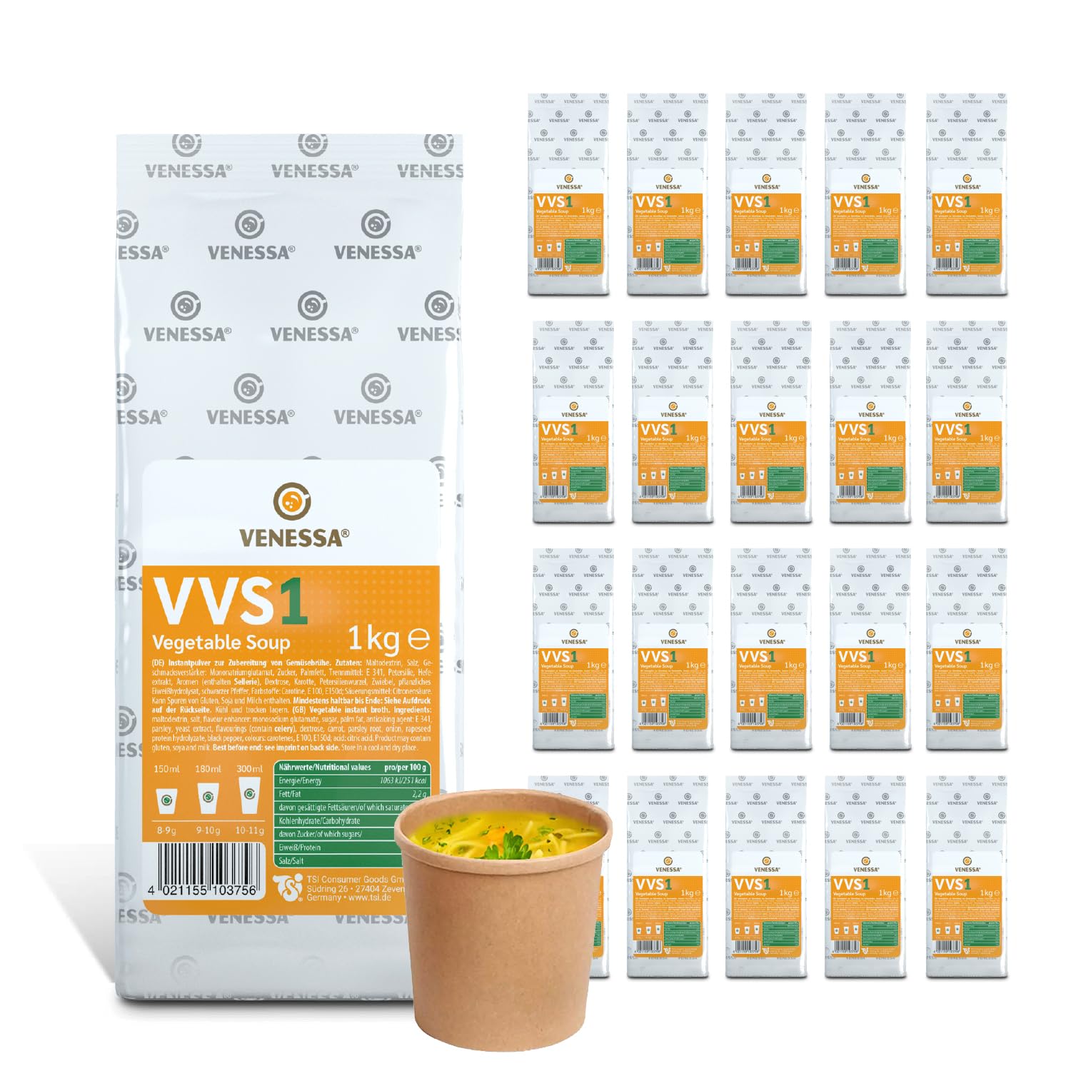 VENESSA VTS 1 Sopa de verduras fina 20 x 1 kg – Paquete económico – Caldo de verduras fino refinado redondeado con especias para máquinas expendedoras – Sopa expendedora – Perfecto para gastronomía