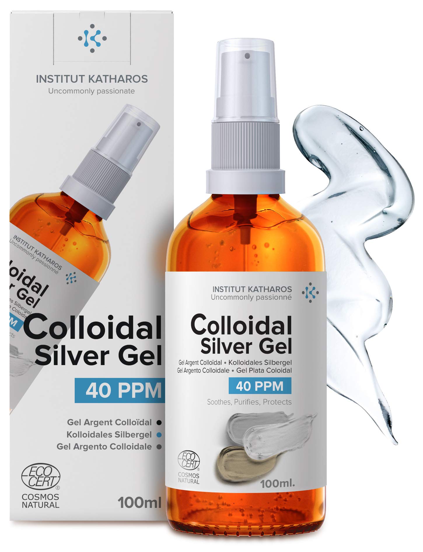 Reines Kolloidales Silber Gel 40 PPM | Nur 100% natürliches Gel auf der Welt | 3 Inhaltsstoffe | Optimale Textur & Absorption (Besser als Creme) | Bernsteinfarbenes Glas und ultra praktische Pumpe