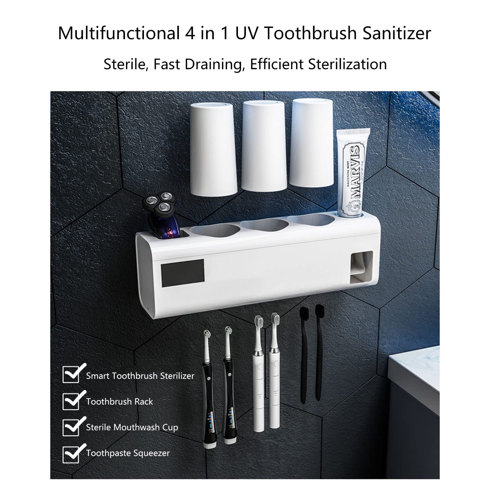 Desinfectante UV para cepillo de dientes – Soporte recargable montado en la pared para 6 cepillos de dientes y 3 tazas, función esterilizador para viajes y uso doméstico por