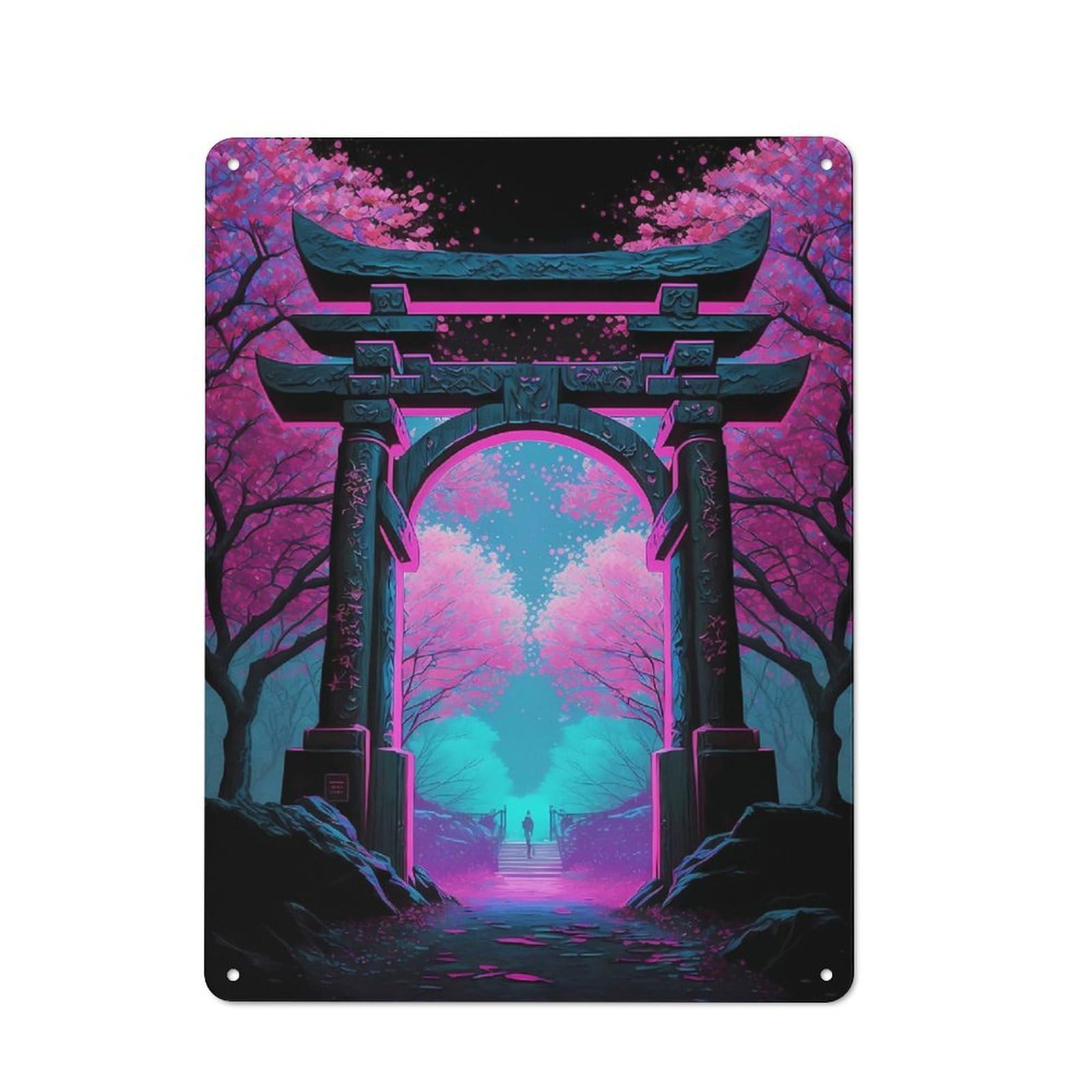 Junmoney Cherry Blossom Japan Art Decorative Metal Sign 40X30cm, Understated Studio Wall Plaque For Hobby Room, Office, Lounge Or Living Room