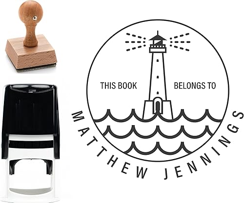 Miniatura 1 de Sello personalizado para libros de biblioteca con tema de faro, sello de madera personalizado para amantes de los libros, único para profesores y