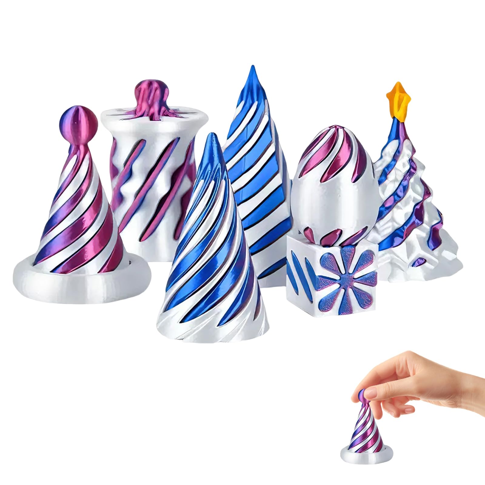 7PCS 3D Printed Fidget Toy for Adults Impossible Cone Spiral Cone & Pyramid Passthrough Sculpture Set Unique Mini Desktop Decorations Cool Office Desk Toy for Stress Relief and Focus (Style C)