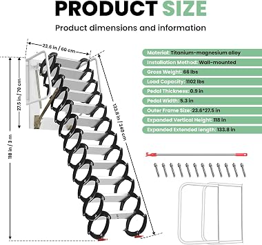 12-Steps Wall-Mounted Attic Ladder Pull Down, 12 Ft Foldable Loft Ladder with 1103 LBS Capacity, Anti-Slip Safety Treads for Easy and Secure Attic Access