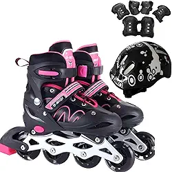 Patins Roller Inline 4 Rodas Skates Ajustavél com Roda Iluminada Jovens e Adultos, Para iniciantes, Uso Interno e Externo + Kit Completo com Capacete e Proteções