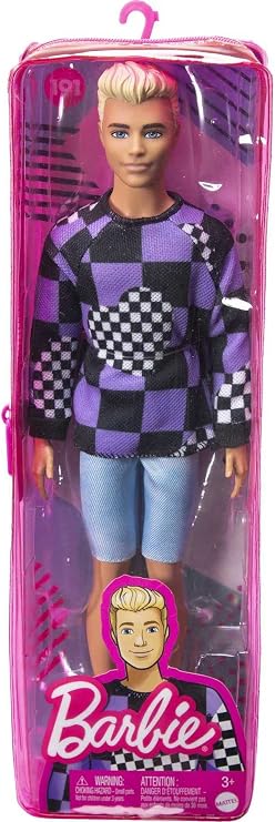 Barbie Fashionistas Ken Doll #191 with Blonde Cropped Hair Wearing Checkered Sweater, Denim Shorts & White Sneakers