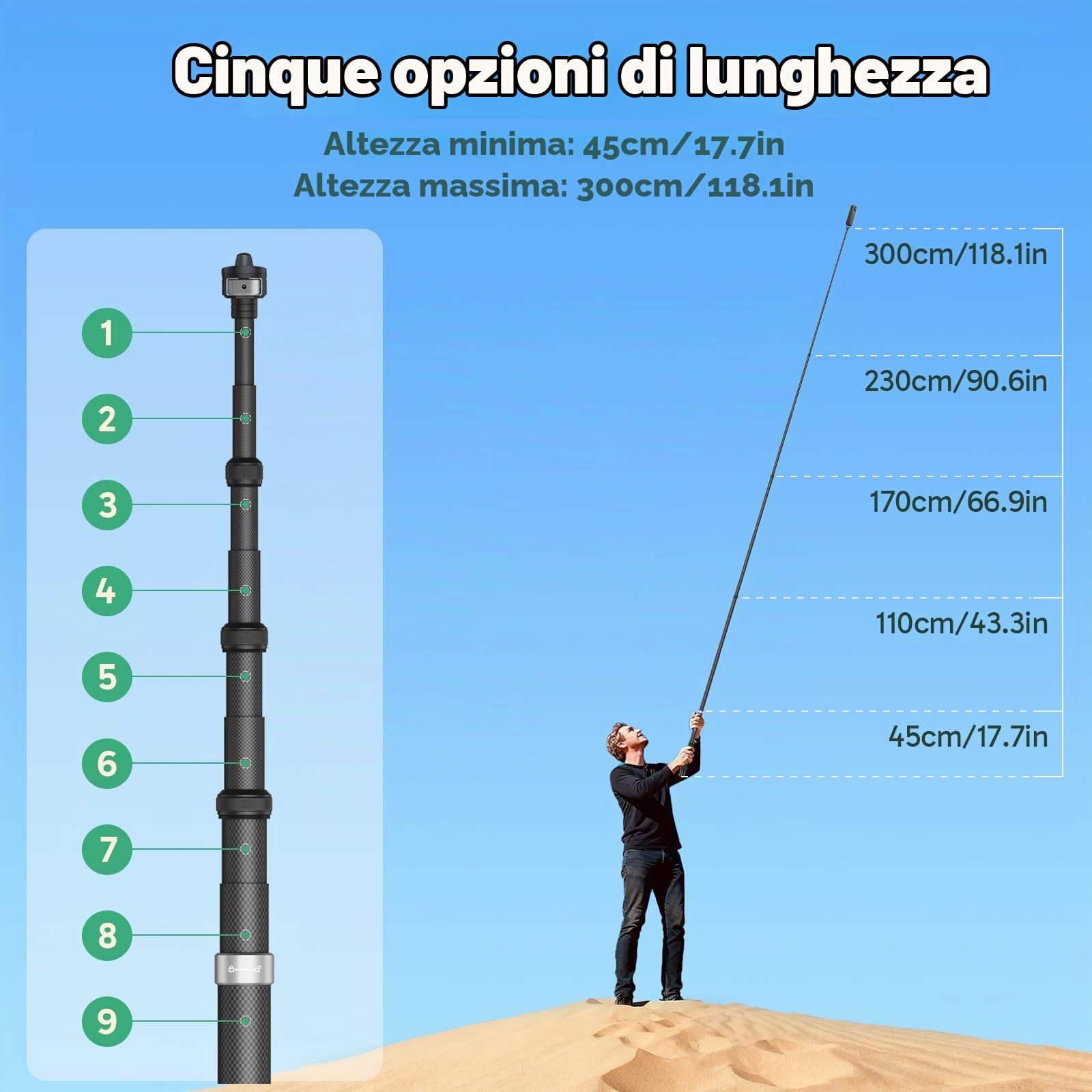 AKASO Bastone per selfie invisibile in fibra di carbonio, 3 m, per AKASO 360, Insta360 One X2, X3, X4, X5, DJI, Osmo 360 e altre action cam