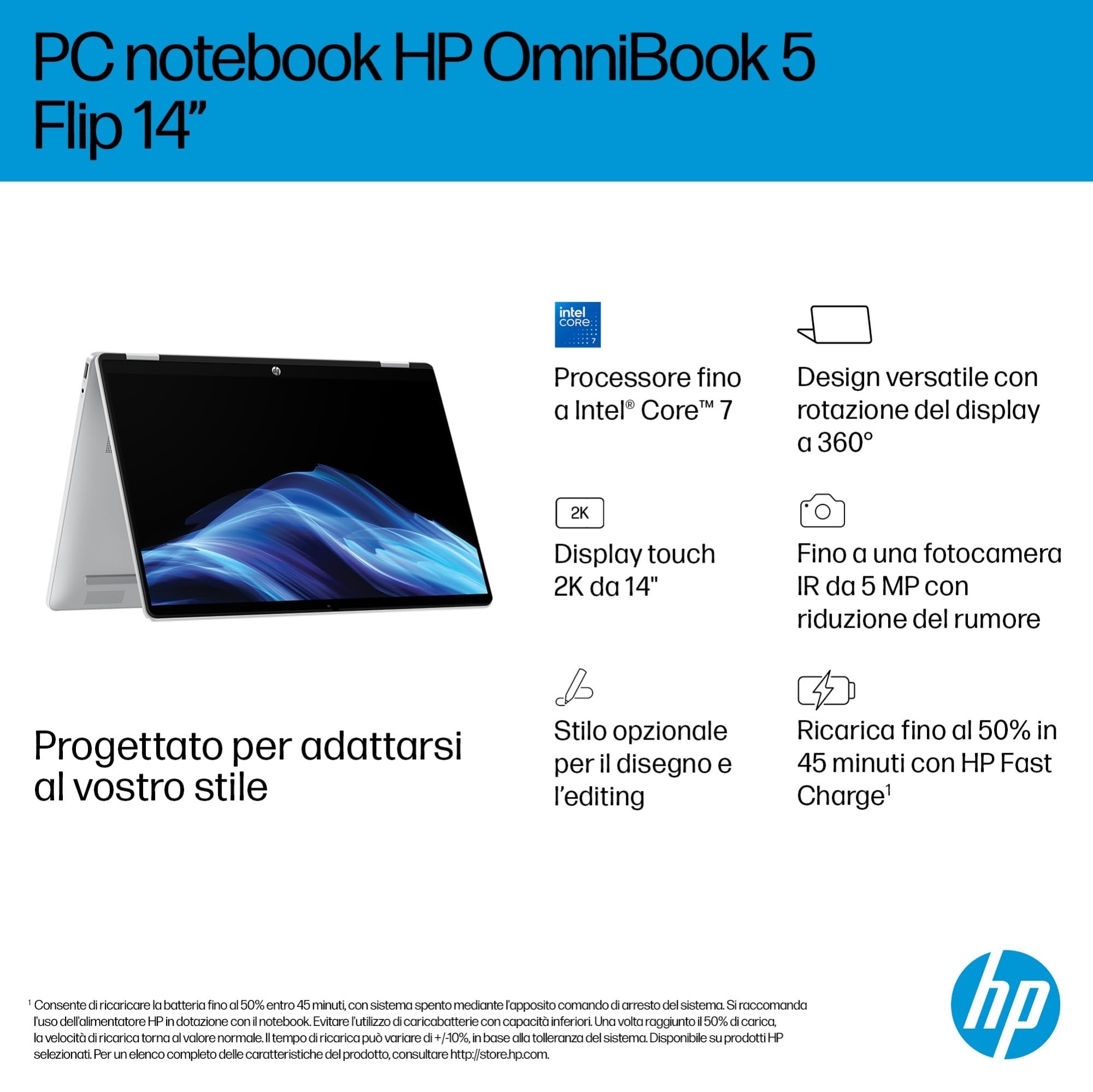 HP OmniBook 5 Flip 14-fp0004sl, Notebook, (Processore Intel Core 3 100U, 8GB RAM, 512GB SSD, Windows 11), Lavoro d'ufficio avanzato, Multitasking, Convertibile, Tastiera Italiana QWERTY, Argento