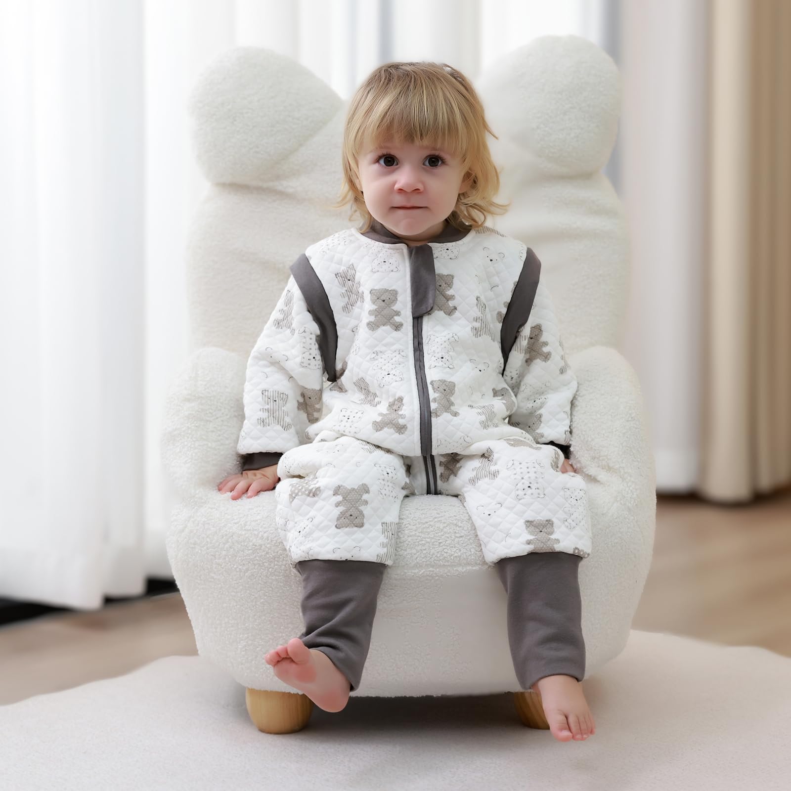 MIKAFEN Sacco nanna con piedi bambini 2.0 Tog, Sacco nanna in100% cotone, per tutto l'anno con maniche rimovibili, Orso 3-4 anni