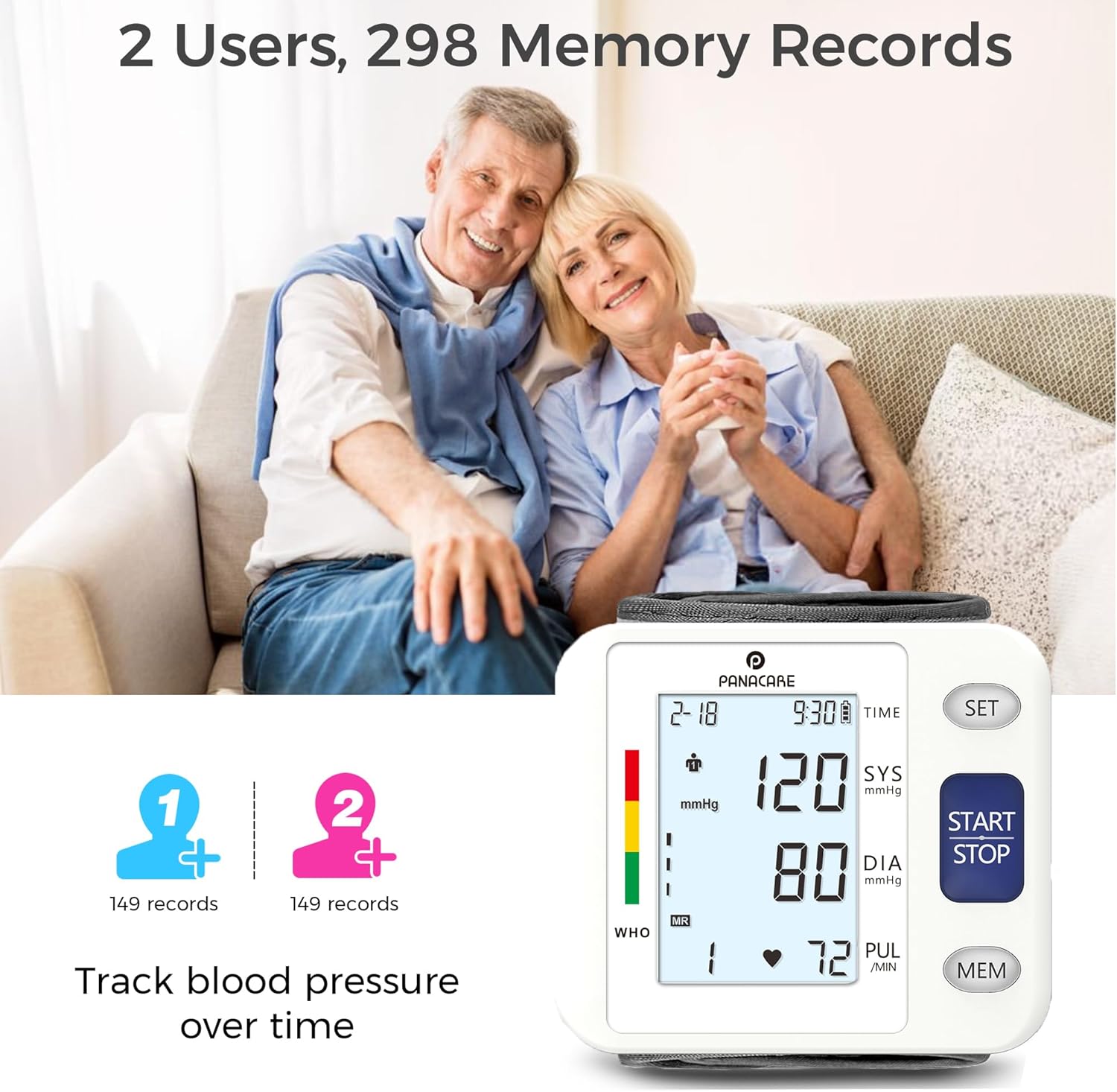 P PANACARE Wrist Blood Pressure Monitor for Home Use, Large LCD Backlit Display, Portable and Lightweight, 298 Memory Storage for 2 Users with Carrying Case