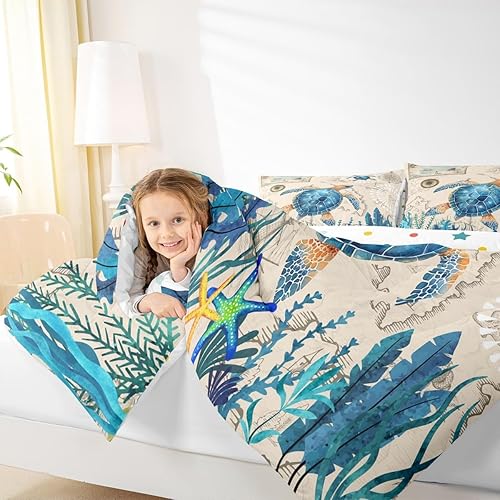 Miniatura 7 de Erosebridal Juego de edredón de animales marinos, juego de ropa de cama tamaño King, lindo juego de ropa de cama de tortuga marina para niños y