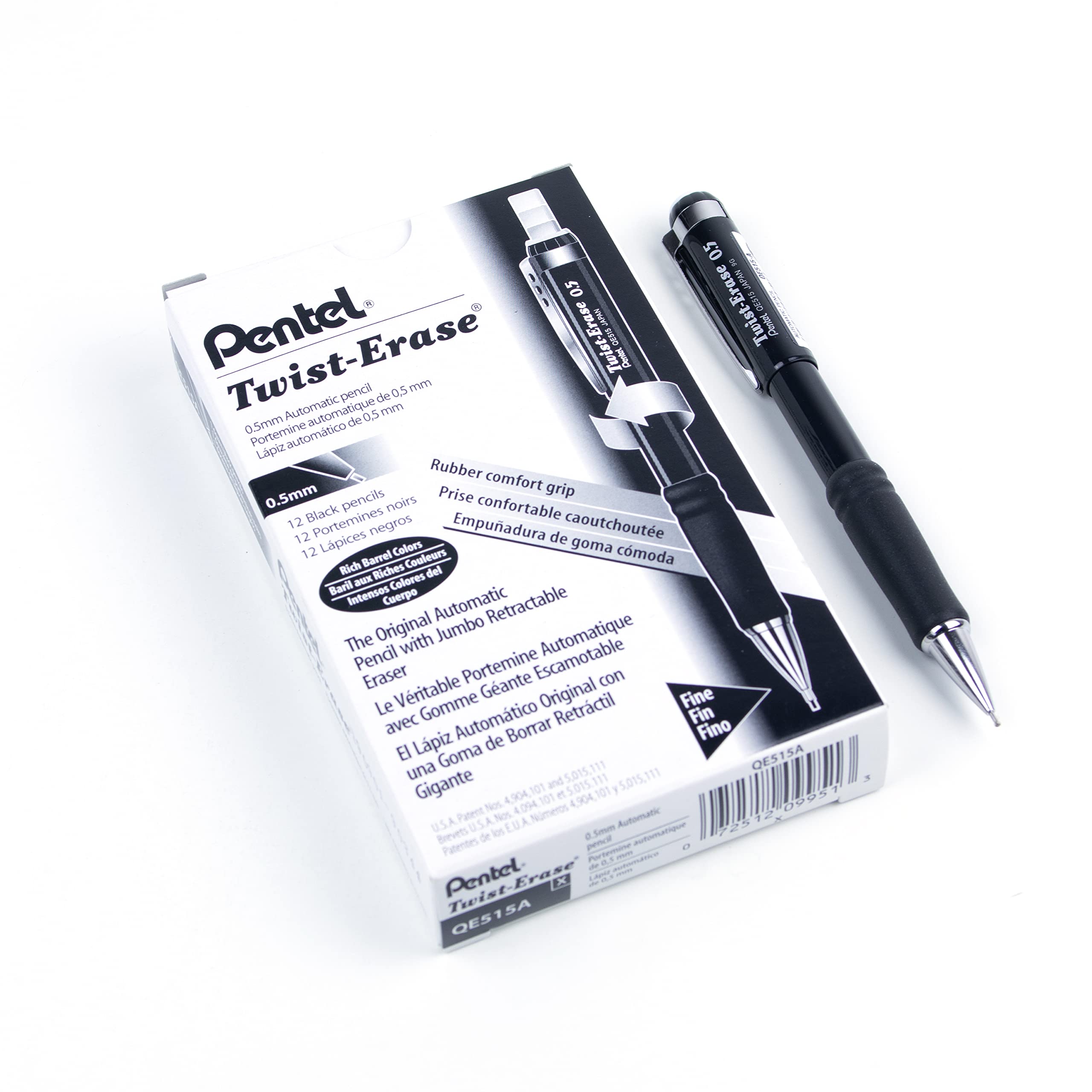 Pentel Twist-Erase III Mechanical Pencil, Writing, Drawing, School Supplies, Large Retractable Eraser, 0.5mm Fine Point, Black Barrel, QE515-A, Box of 12