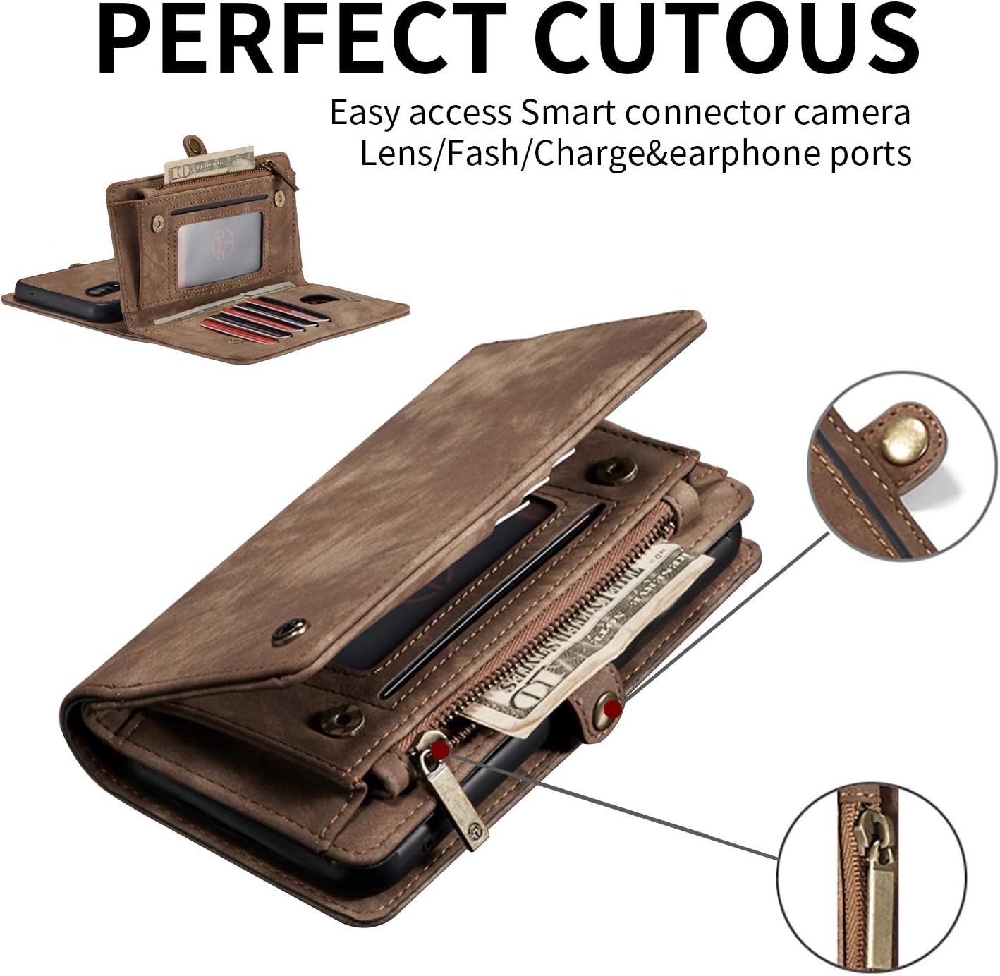 Simicoo Samsung A70S Leather Wallet Zipper Purse Detachable Card Slots Holder Flip Case Magnetic Wrist Strap Handle Shockproof Cover Pocket Wallet Handbag for Samsung A70S (Brown, A70S)