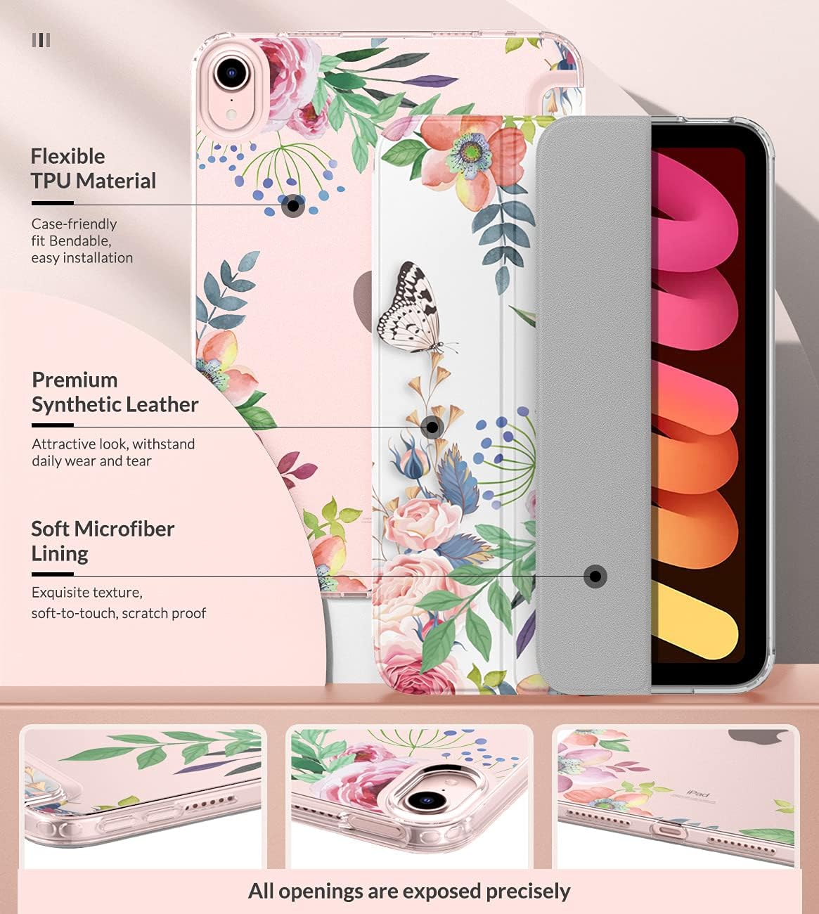 MoKo Case Fit New iPad mini 7 (A17 Pro) 2024, iPad mini 6th Generation Case 2021 (8.3-inch), iPad mini 6 Case, Soft TPU Translucent Frosted Back Cover Case for iPad mini 7th, Fragrant Flowers
