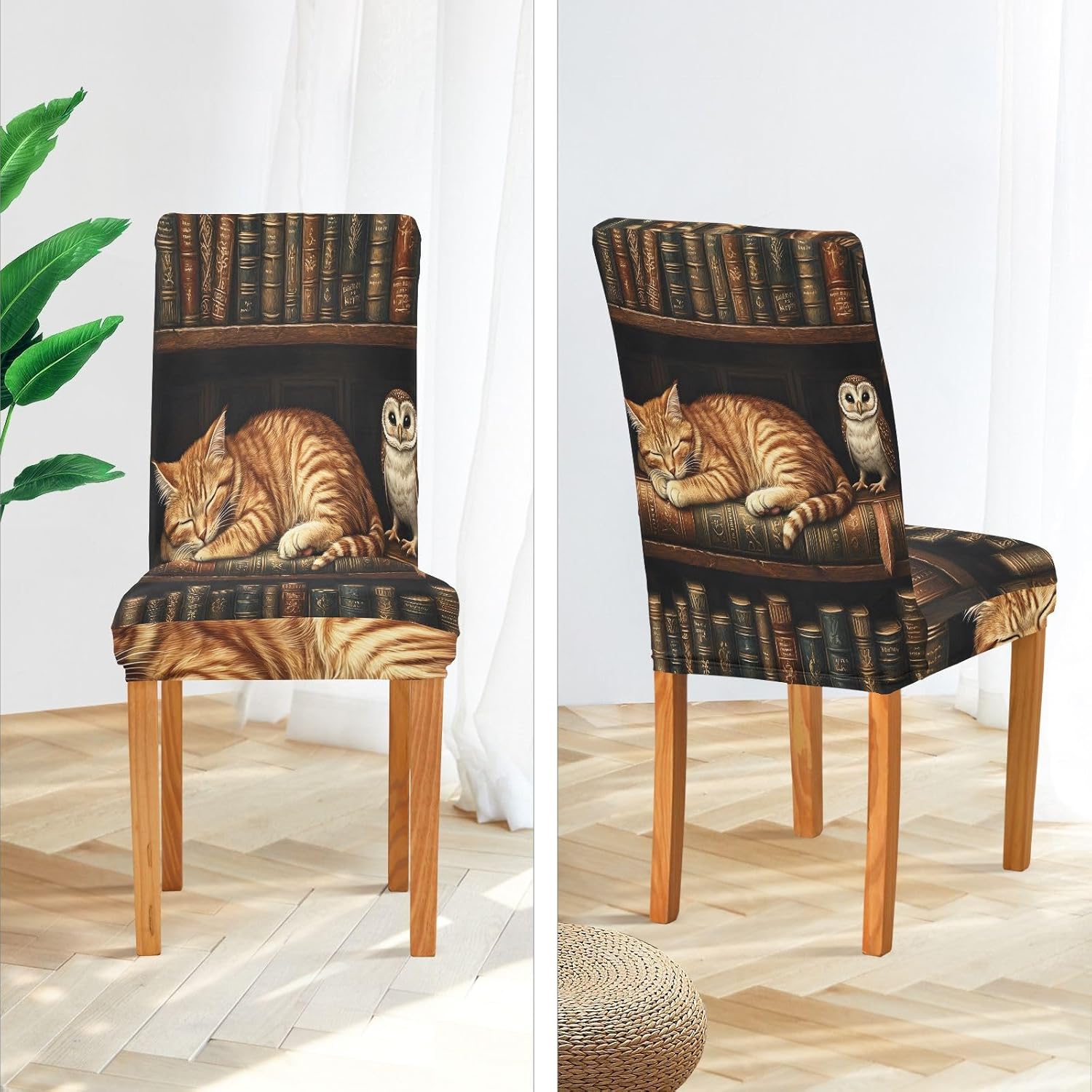 ALAZA Chair Covers for Dining Room, Cat Owl Book Stretch Chair Cover Sets Chair Protector Removable Washable for Ktichen Restaurant Hotel