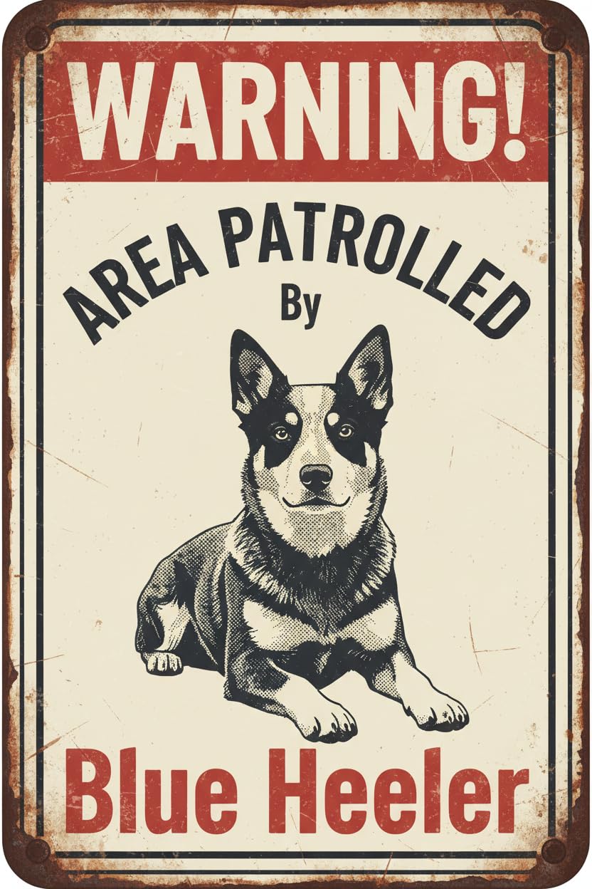 Vintage Metal Tin Sign Retro Funny Metal Sheet Signs Warning Area Patrolled By Blue Heeler Dog For Men Women Wall Decor For Bars Restaurants Cafes Pubs 8X12 Inch Custom Private Property Signs Outdoor