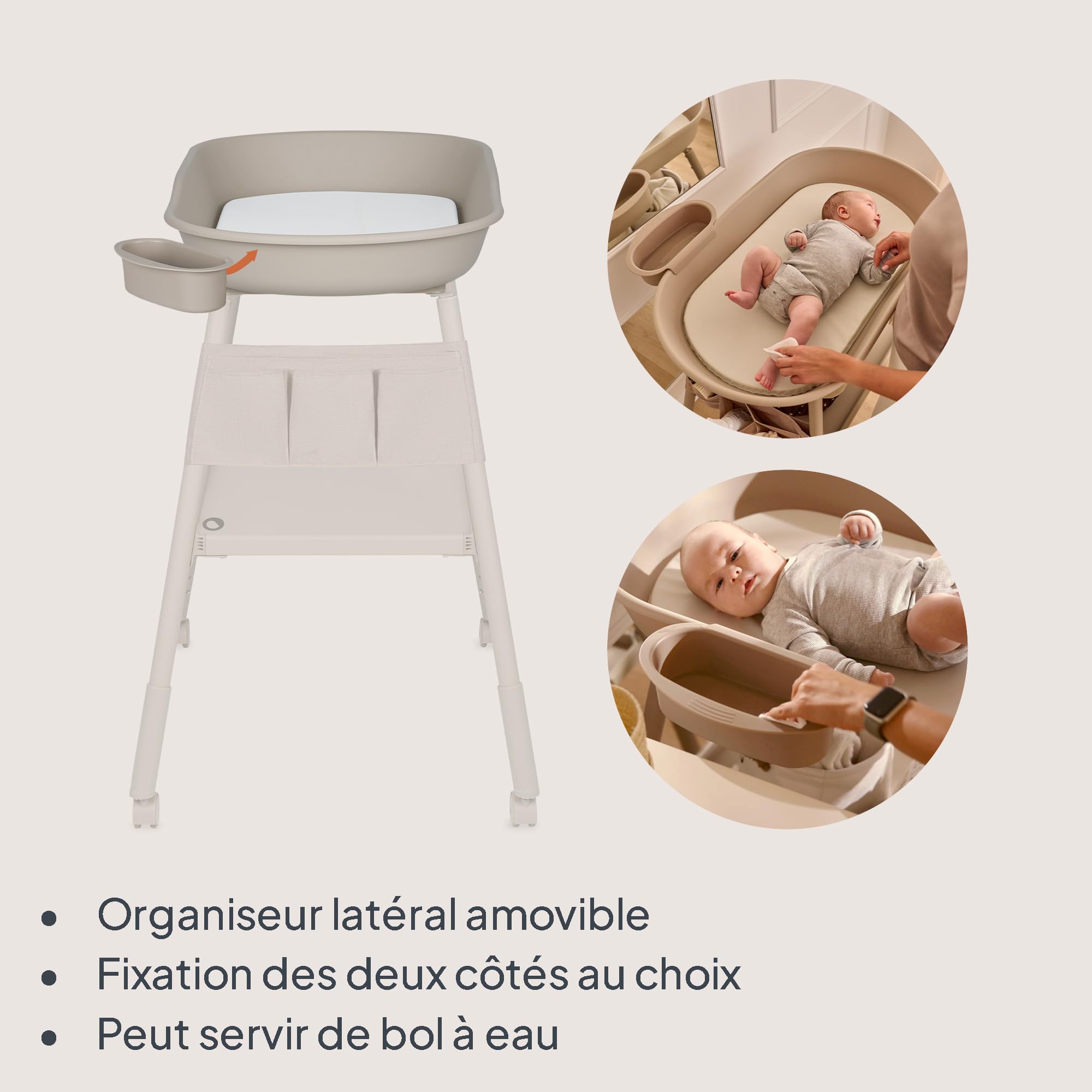 LIONELO Rosie table à langer bébé, mobile sur roulettes, matelas à langer imperméable, hauteur réglable, rangements pour accessoires, bol d’eau, étagère à couches