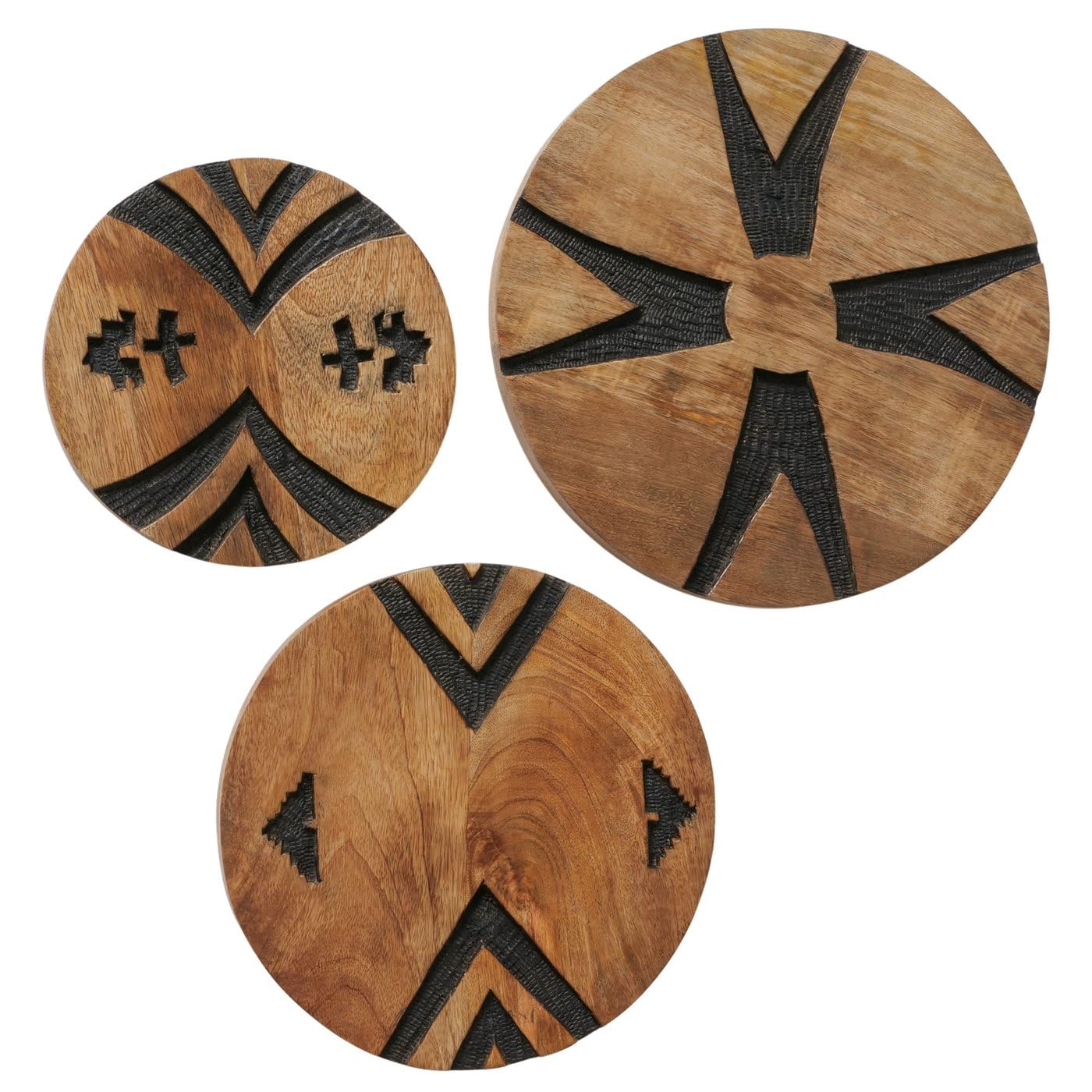 MF Wanddeko Holz Dalane, 3er Set, Rund, Mangoholz, Natur/Schwarz, Geometrisch, Boho Ethno, Ø 20/25/30 cm, Handgearbeitet