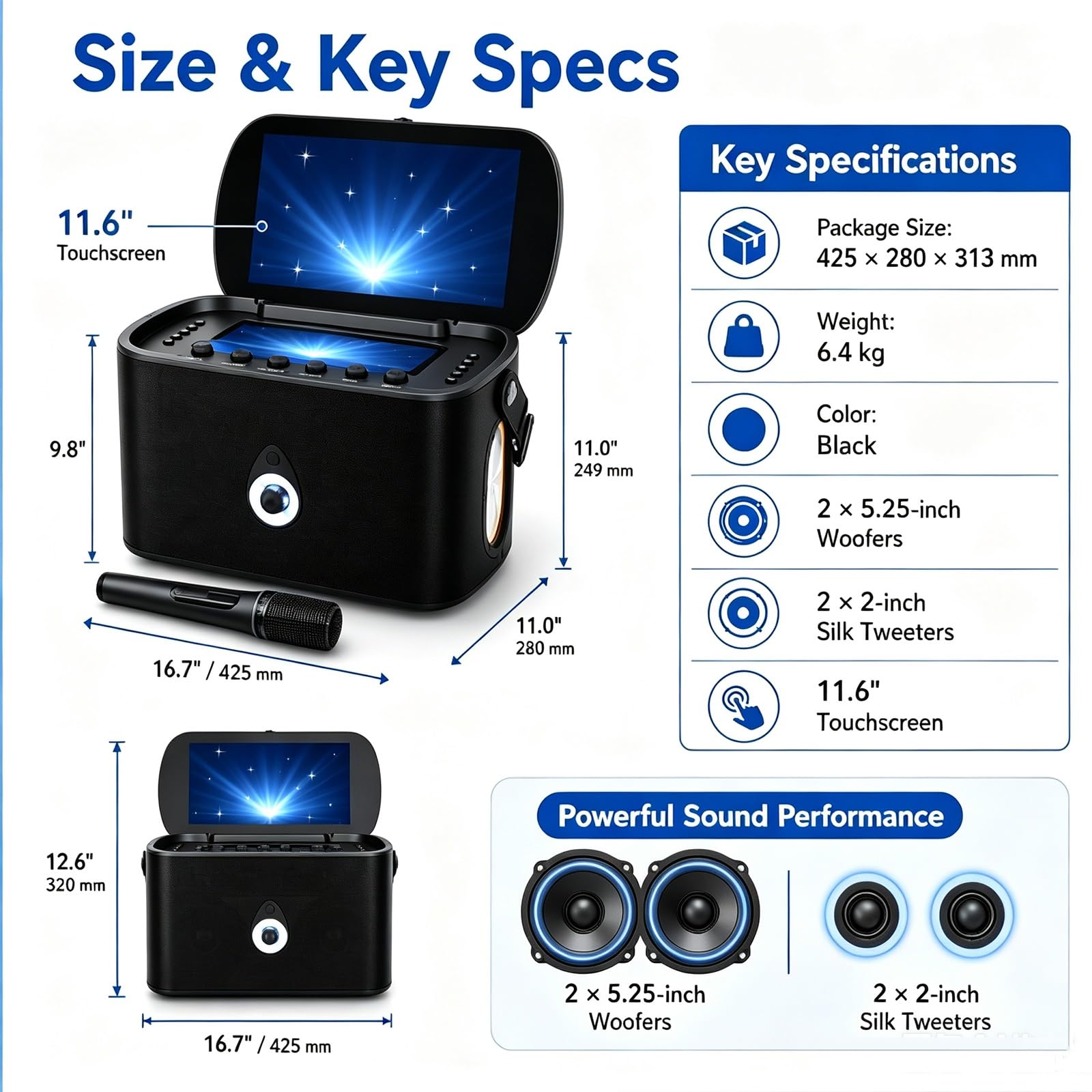 Máquina de Karaoke for Adultos, Máquinas de Karaokes Portátiles | 2 micrófonos inalámbricos de carga automática, aplicación de Karaoke, altavoz de 30 W, se conecta a la TV for fiestas en casa