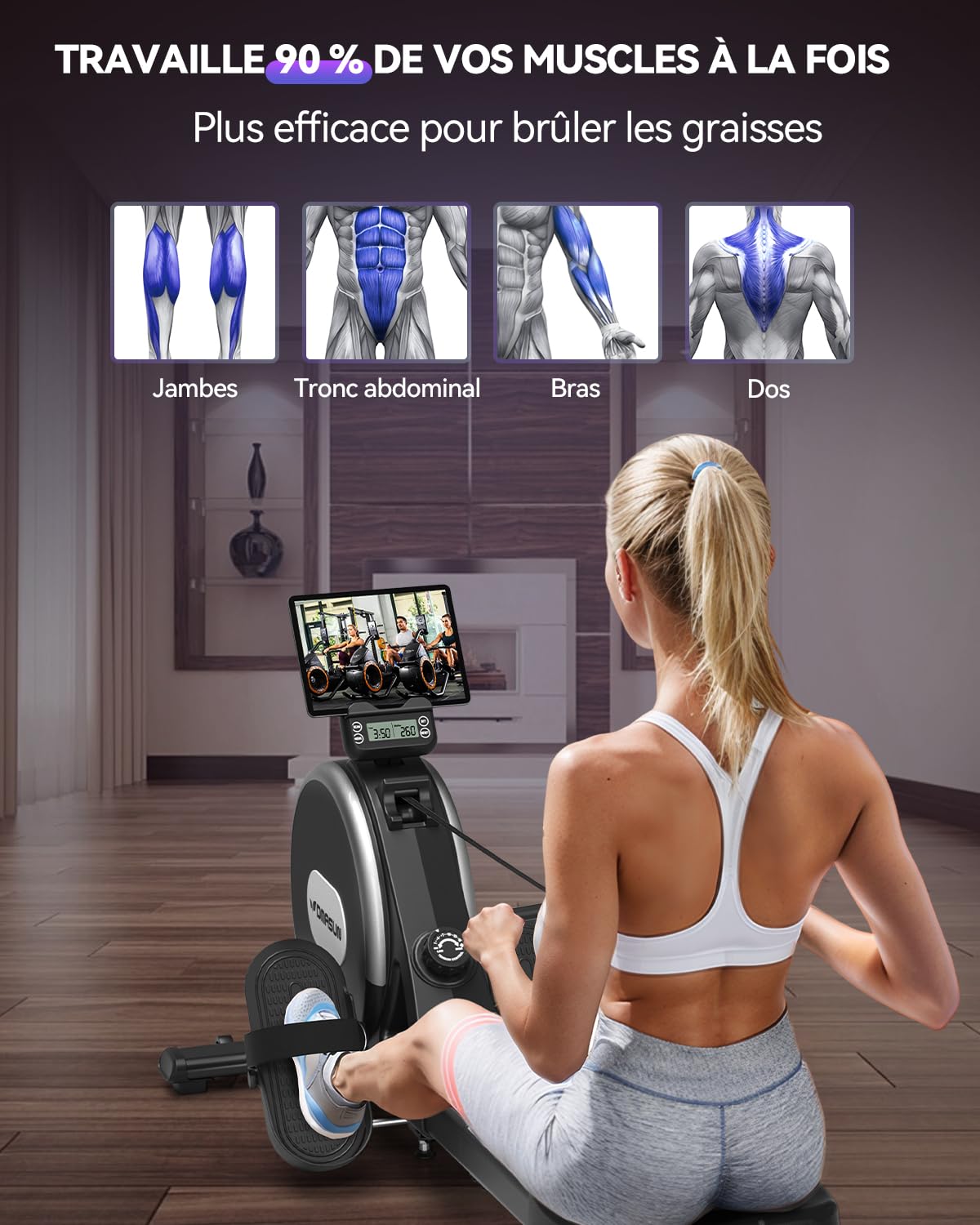 Rameur, DMASUN Rameur Magnétique D'appartement, Rowing Machine Connecter APP avec Écran LCD, 16 Niveaux de Résistance, Mise à Niveau vers Deux Rails, Silencieux, Capacité Maximale 160KG
