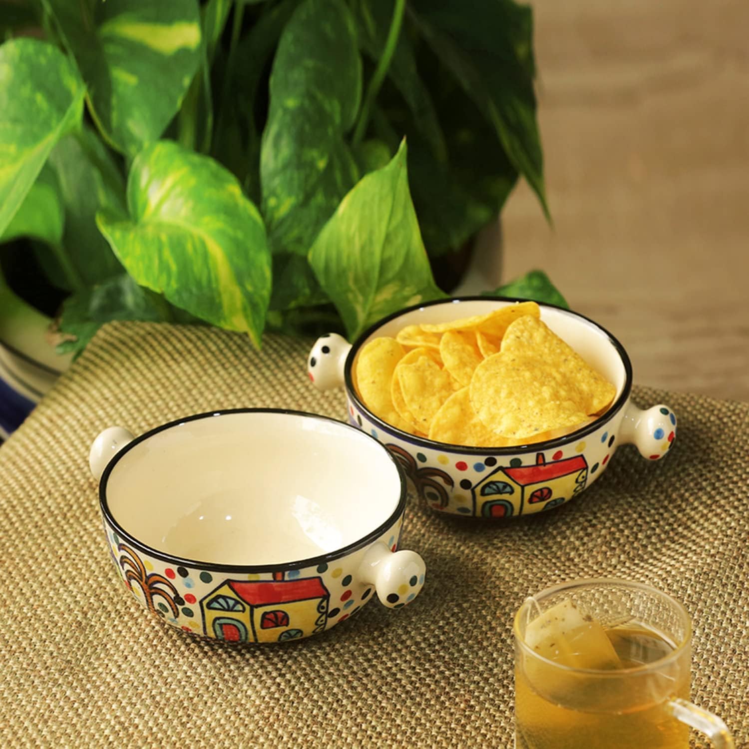 ExclusiveLane Handled Ceramic Bowls for Serving Bowls Set Snacks Bowl Set (2-Pieces, Multicolour), 260 Milliliter