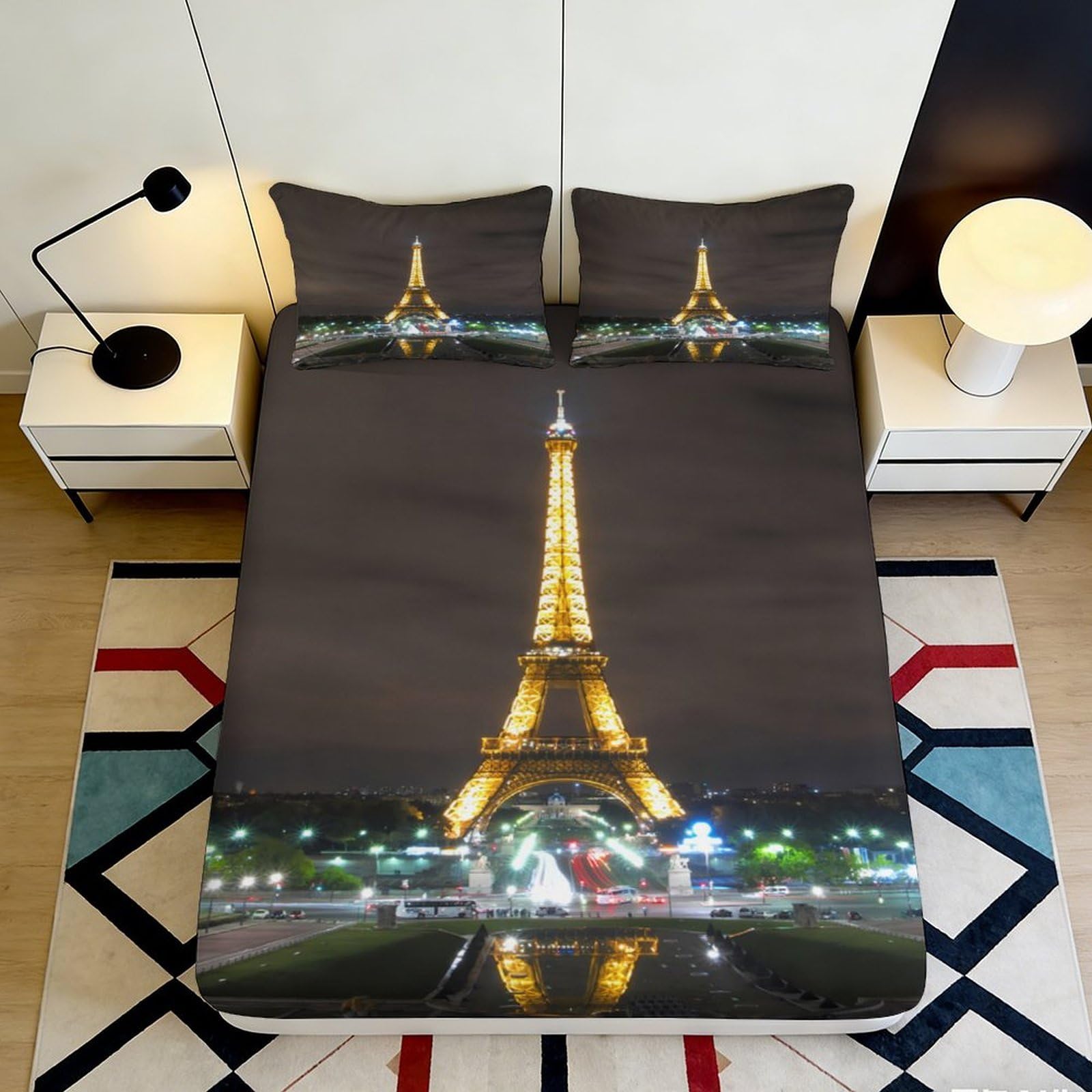 3D Printed City Night Fitted Sheet Microfiber Deep Pocket Non-Slip Bedroom City Mattress Fitted Cover Gift 120x200x25cm
