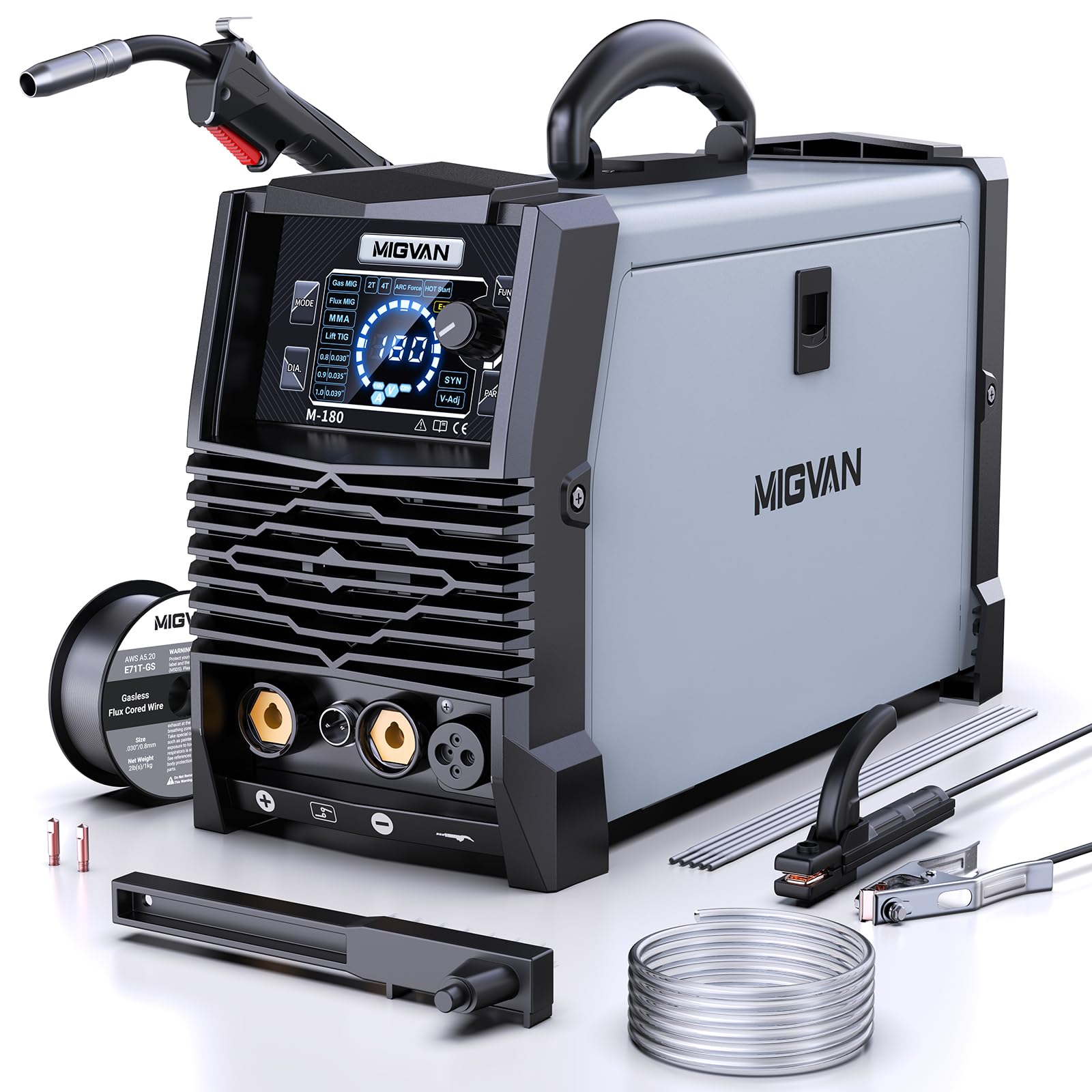 Welder MIG/MAG 180A Inverter IGBT 5in1 Tubular Wire, CO₂/MAG, MMA, Lift-TIG, Spoolgun, 230V, 60% Duty Cycle, Lightweight and Portable, 2T/4T Synergy for Hobbyists and Professionals M180