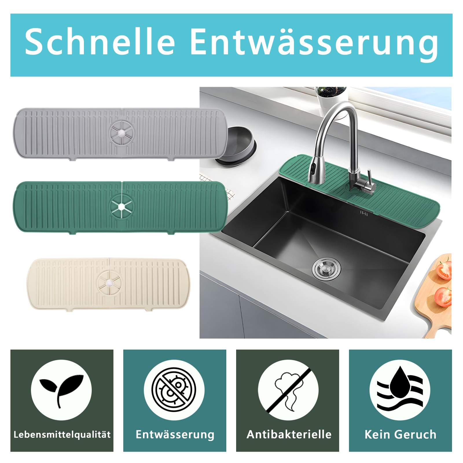 Guittly Tap Sink Splash Guard, Silicone Drip Mat, Sink, Splash Guard for Kitchen Bathroom, Counter Sink, Dry (61 x 14.5 cm, Green) - Image 3