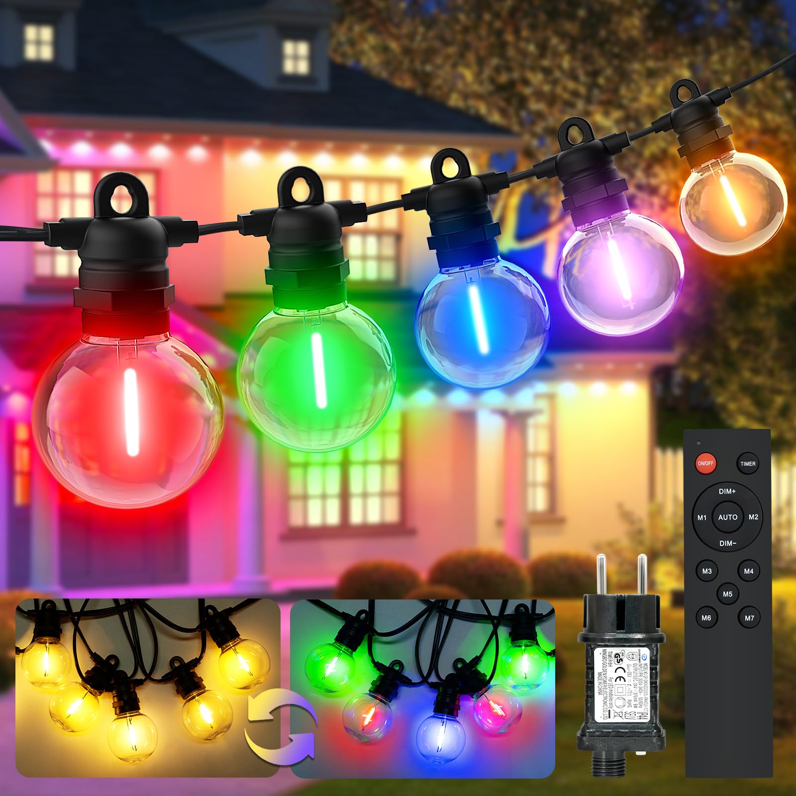Cadena de luces LED para exteriores, luz blanca cálida y cambio de color, 15 m, 24 bombillas, 8 modos, cadena de luces para exteriores con mando a distancia, IP68 G40, cadena de luces para