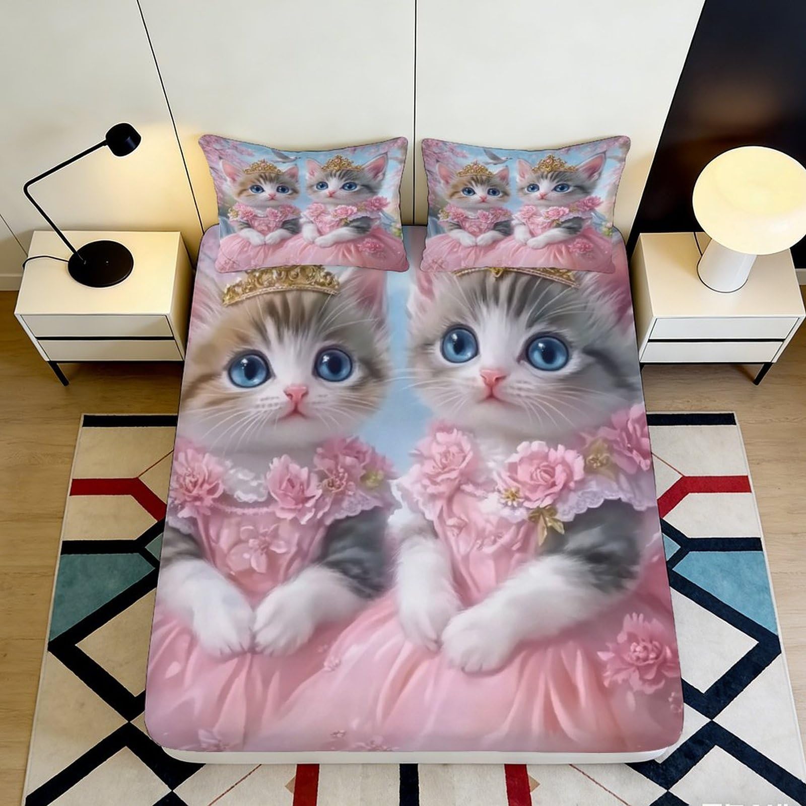 Pnayamiorkfel Style-1 3D Printed Cute Kitten Princess Fitted Sheet Microfiber Pink Cat Crown Bed Cover For Bedroom Guest Room Decor 90X200x25cm