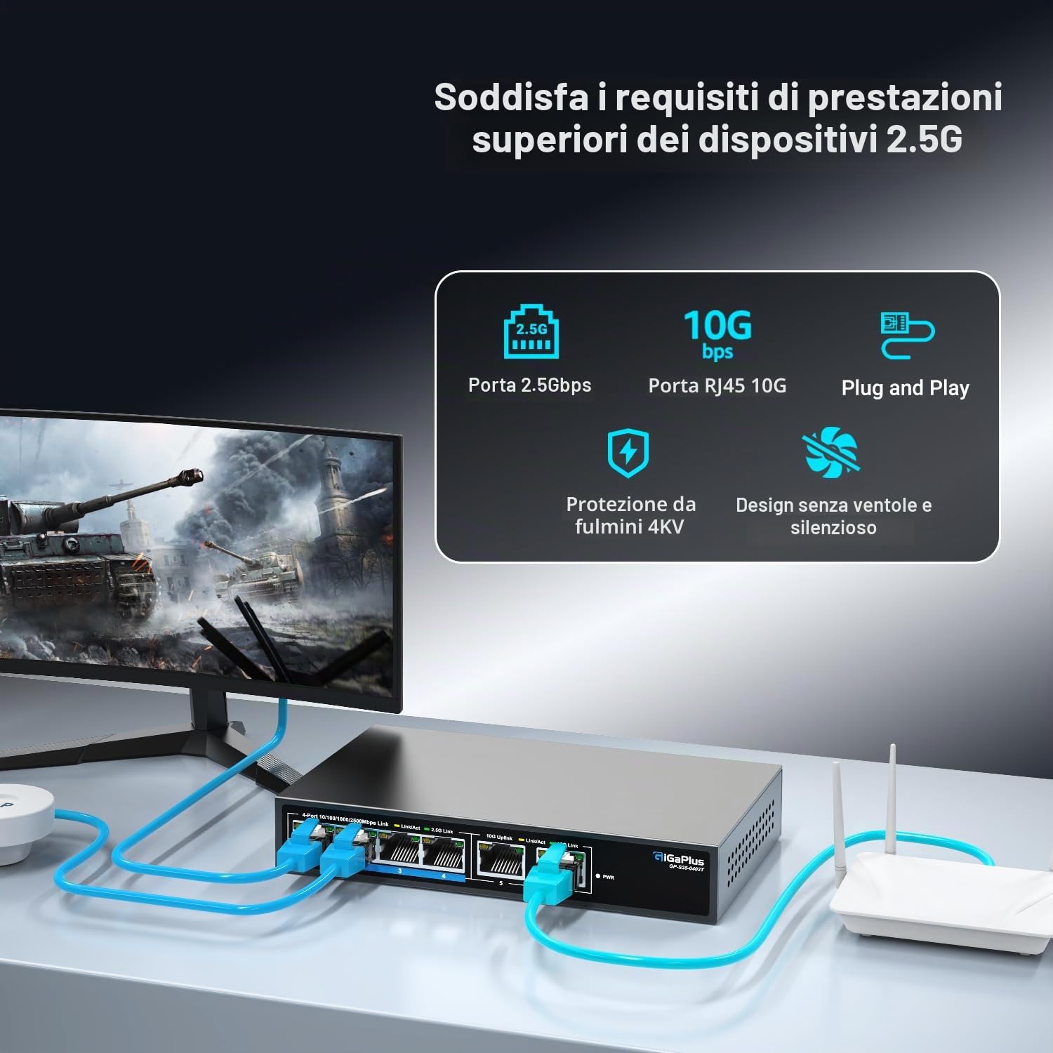 Switch Ethernet non Gestito a 6 porte 10Gb con 4 porte Base-T 2.5G, 2 porte RJ45 10G. Capacità di Commutazione 60Gbps, Switch di Rete GiGaPlus 10Gbps per NAS/PC 2.5G/10Gbps, Router WiFi6, AP Wireless