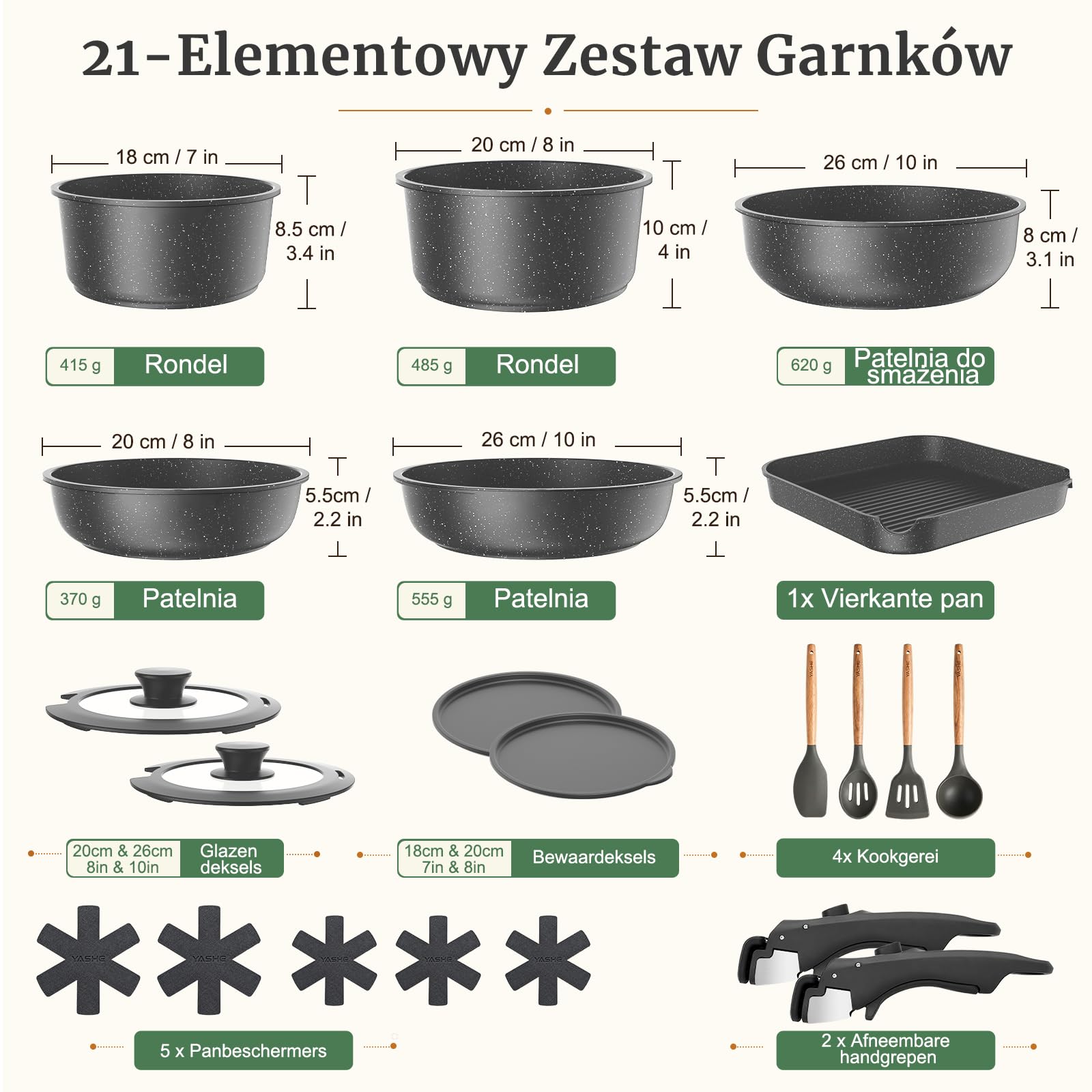 YASHE 21-Elementowy Zestaw Garnków, Odpinane Rączki, Na Indukcję, Granit | Konstrukcja Możliwa Do Układania, Idealny Do Kampera, Odporny Na Piekarnik, Bezpieczny, Kompletny