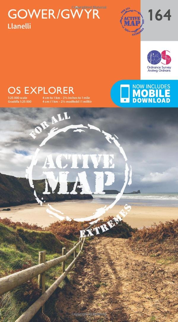 Ordnance Survey Unisex Orange Explorer Active 164 Gower & Llanelli Map With Digital Version,