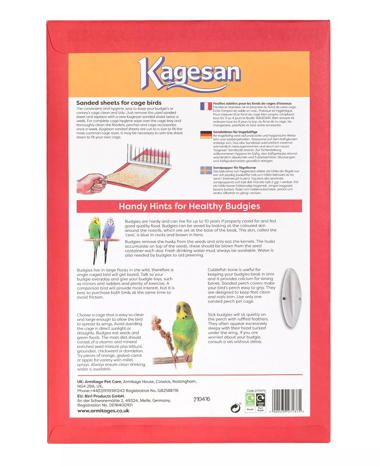 Kagesan Lot de 3 feuilles de papier de sable pour cage à oiseaux Rouge 43 x 28 cm